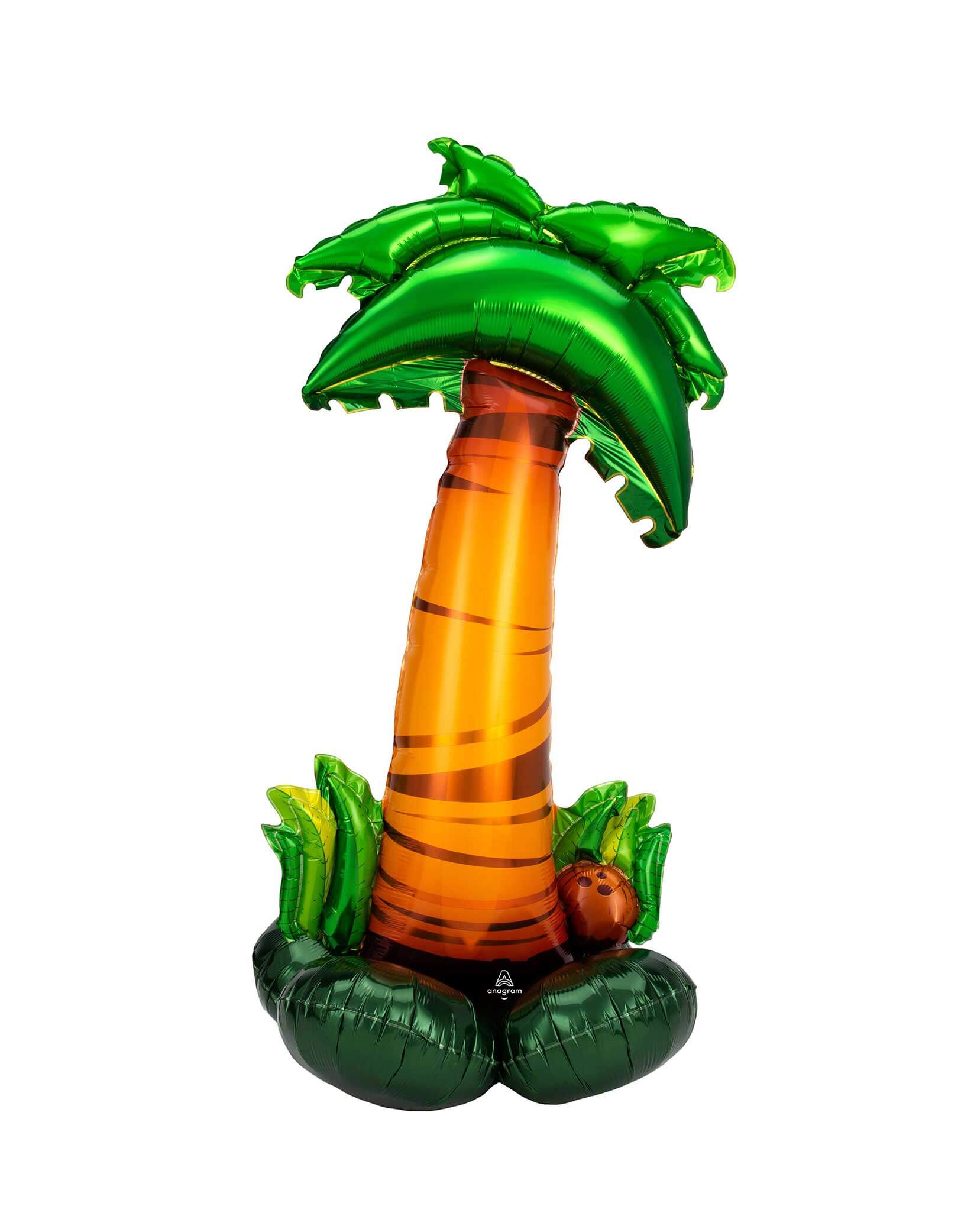 Momo Party's 56" AirLoonz Palm Tree Foil Balloon by Anagram Balloons. This Palm Tree AirLoonz balloon stands 56" high when fully inflated and is designed to be inflated with air only. No helium required! AirLoonz balloons include a color matching set of foil mylar balloons that creates a sturdy base for the main balloon to rest on and stand upright. Each AirLoonz has 2 inflation points. One in the top part of the balloon and one in the base.