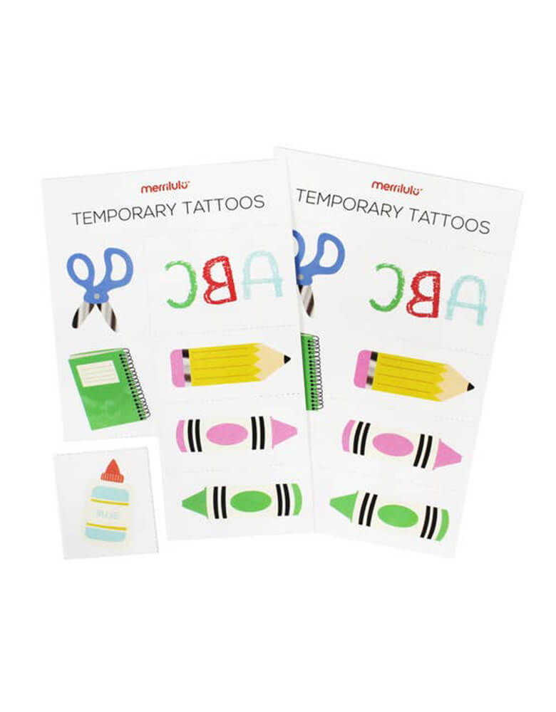Momo Party's Back To School Temporary Tattoos by Merilulu. Featuring colorful school themed illustrations of scissors, pencils, crayon, notebook and ABC letters. Each set includes 2 sheets: 14 temporary tattoos in 7 designs. Perfect gift and fun activities for back to school party, classroom activities