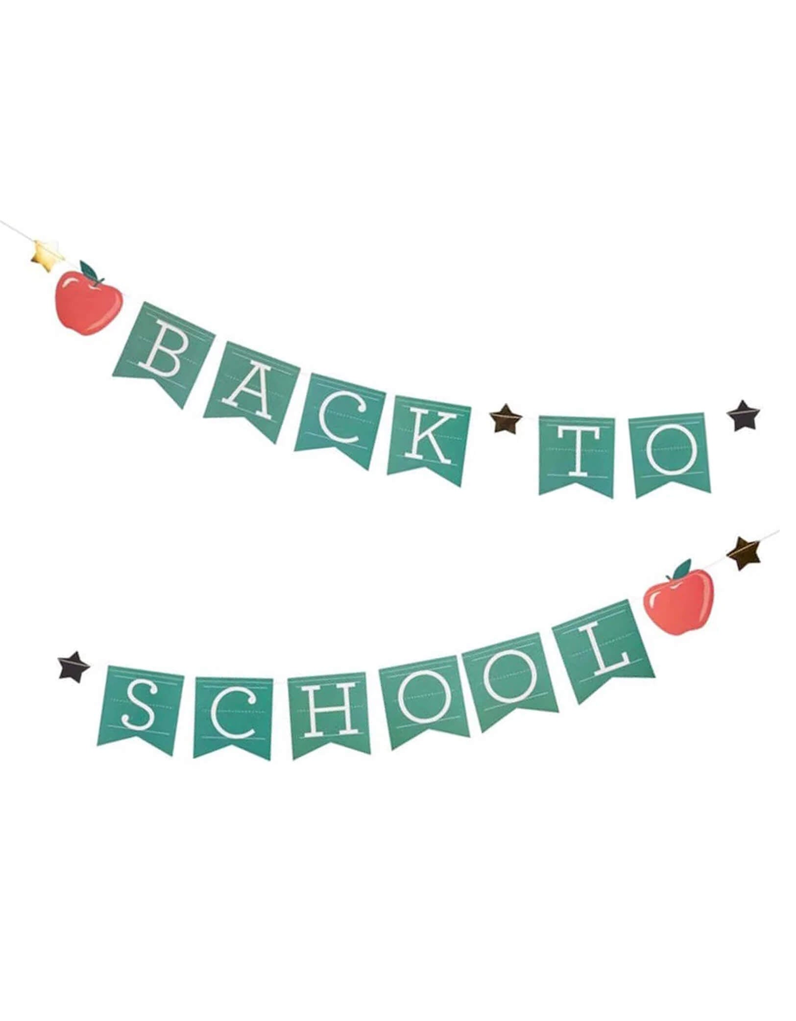 Momo Party's 6ft Back To School Apple Banner by My Mind's Eye in its package. In the classic chalkboard design with apple paper pennants and perfect for creating a vibrant and festive atmosphere, this banner will be the life of the party. With its bold and colorful design, it's the ideal way to kick off the school year and get everyone in the spirit of learning and fun.
