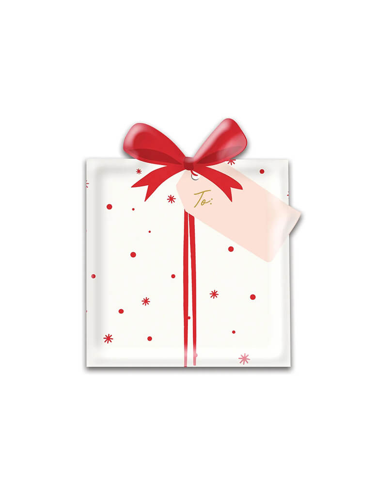 Momo Party's 9" x 10.5" Santa present shaped paper plate with a bow by My Mind's Eye. Shaped in a merry Christmas present, these party plates add a whimsical touch to your table this Christmas season!