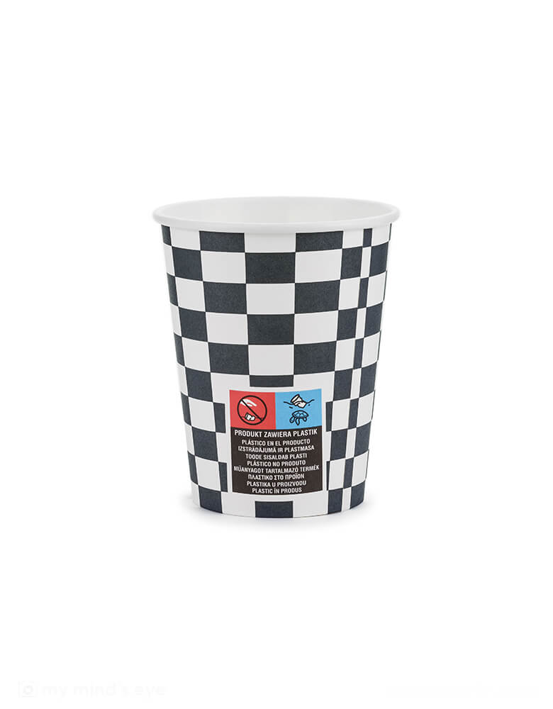The back of Momopartys's 7.4oz black and white checkered flag party cups by Party Deco. With SUPD labelling on the cups. Comes in a set of 6 paper cups. Perfect for a boy's birthday, these trendy cups feature a classic checkered pattern and are great for mixing and matching. They're perfect for a race car or Hot Wheel themed party too. Vroom vroom!