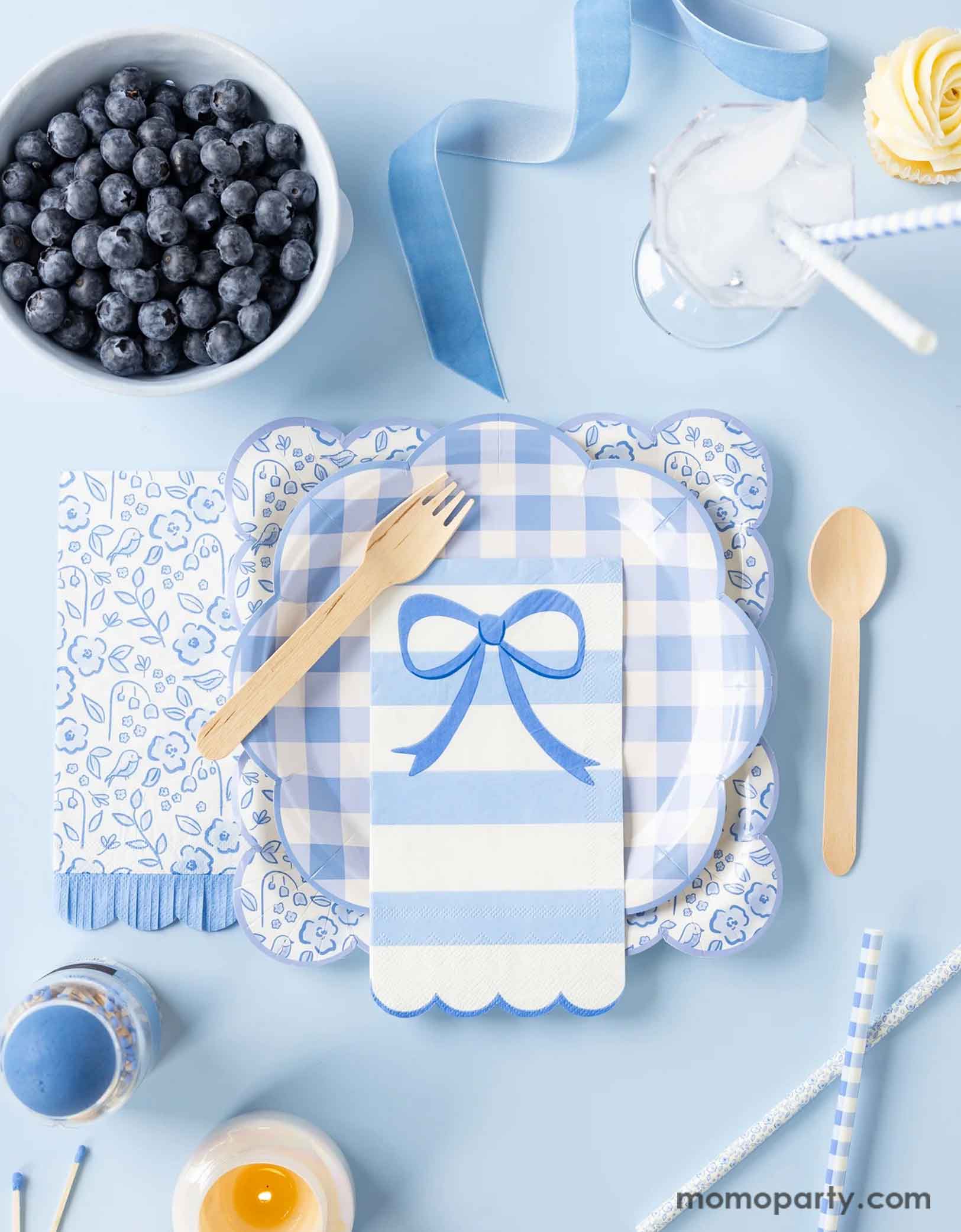 A blue inspired tablescape featuring Momopartys's blue party tableware collection by My Mind's Eye. Featuring various party plates, napkins and party straws in different sizes, shapes and spring inspired patterns including gingham checkered, elegant bows, and floral toile. Along with blue ribbons, blueberries and some cupcakes on the table, this tablescape is a perfect inspiration for your spring gatherings or Easter celebrations!