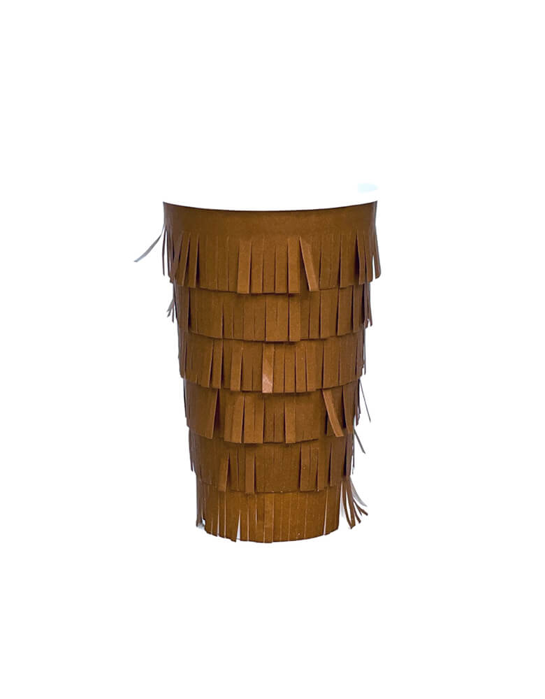Momo Party's 13.5 oz Brown Fringe Cups by Party West. Comes in a set of 8 paper cups, enjoy your western party or rodeo in style with these playful cowboy and cowgirl inspired cups. With fun fringe details, these cups bring extra flair to any occasion.
