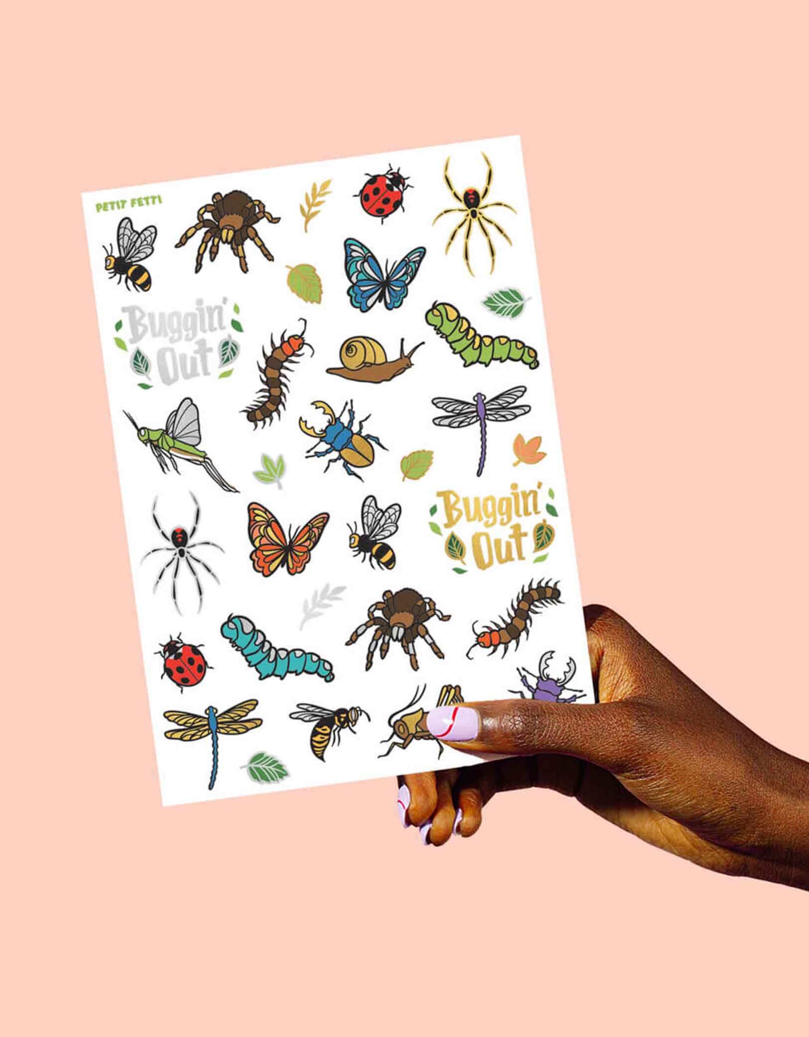 Momo Party's 8.25" x 6" Bugs Foil Temporary Tattoos by Xo, Fetti. Comes with 48 tattoos in designs of insects, bugs, butterflies, leaves, and spiders, they're perfect for kid's insect bug themed birthday parties. So call your bug-loving kids, they're going to want to buzz, hop, and fly over fast for these temporary tattoos at their celebration.
