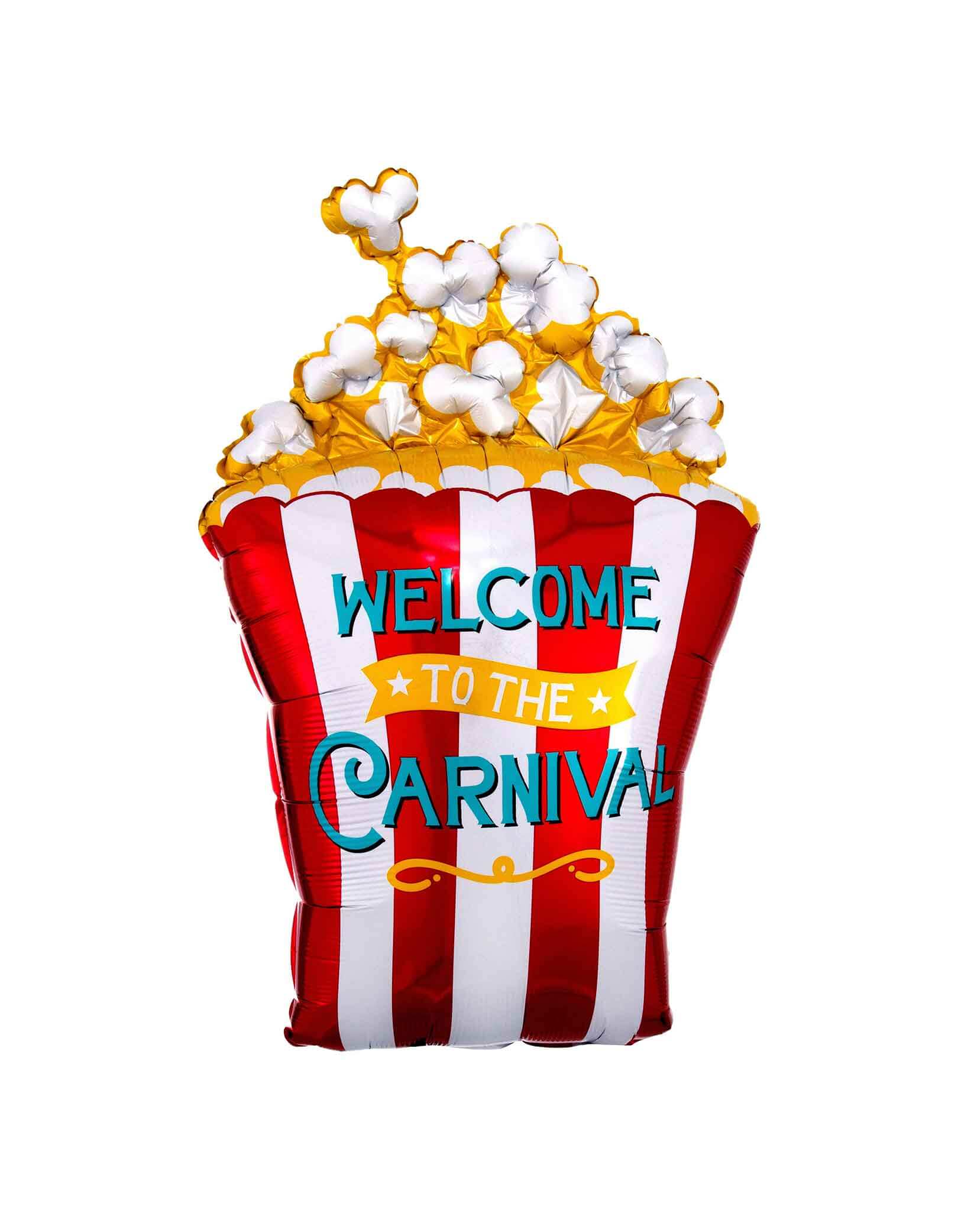 Momo Party's 29" Carnival Popcorn Foil Balloon by Anagram Balloons. This amazing carnival popcorn shaped foil balloon is perfect for your kid's carnival or circus themed party. The balloon includes a self-sealing valve, preventing the gas from escaping after it's inflated. The balloon can be inflated with helium to float or with a balloon air inflator.