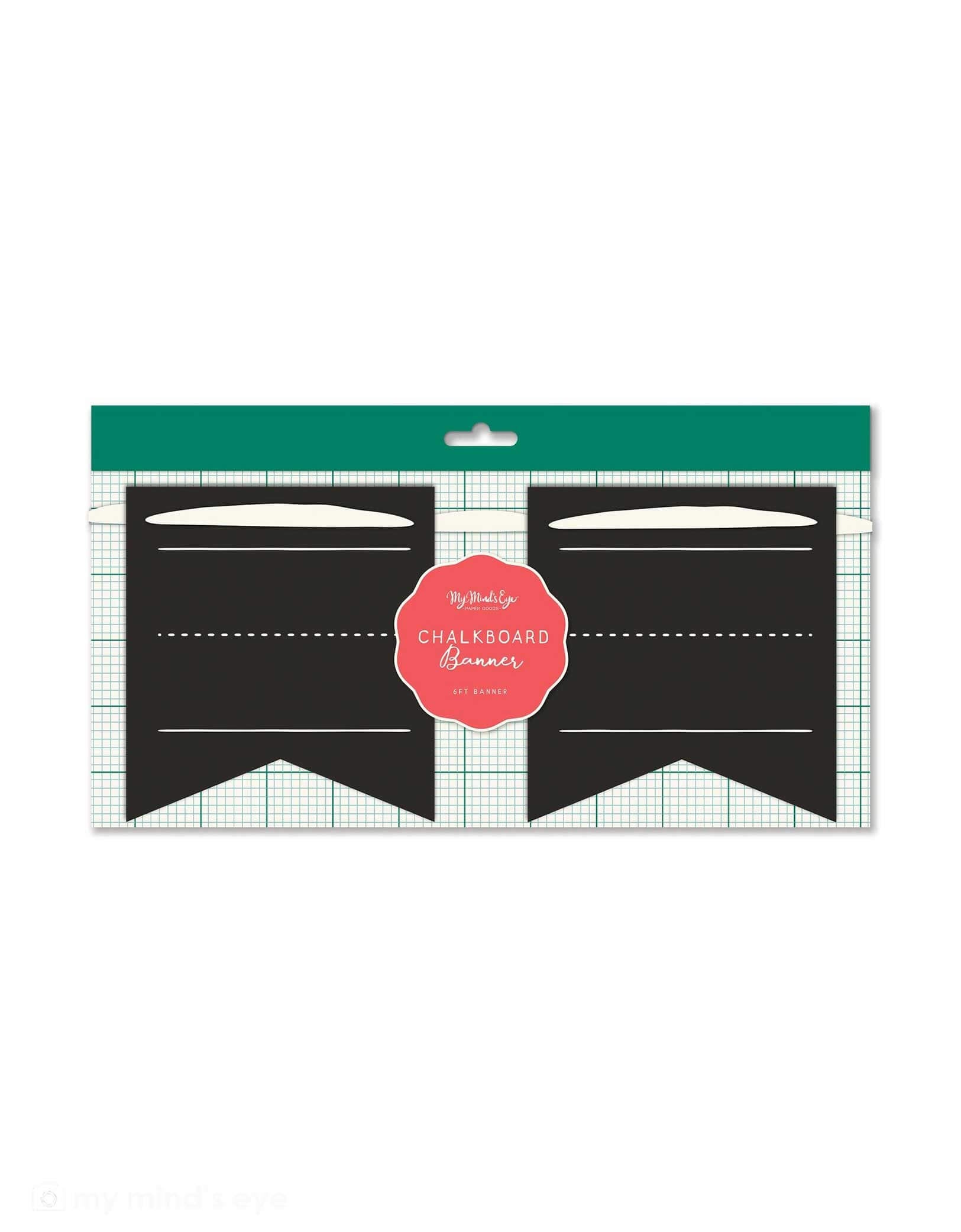 Packaged Momopartys's Chalkboard Writable Paper Banner with green border on a white background.Perfect for back-to-school parties and classroom decor, this banner lets you customize messages with chalk or chalk markers. Easy to write on and erase, it adds a fun, interactive touch to any celebration or learning space. Brighten up your event with this playful, reusable banner that invites creativity and school spirit!