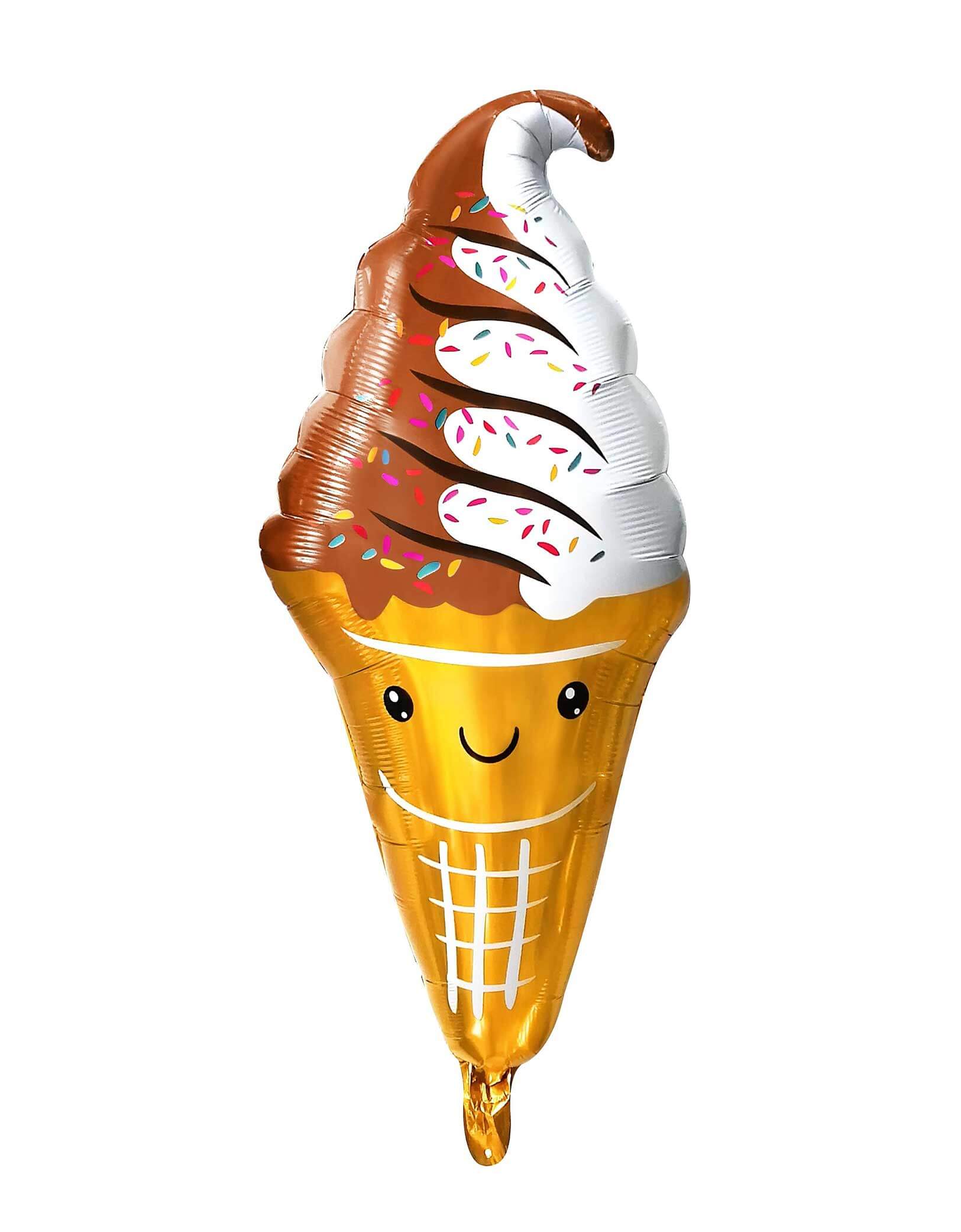 Momo Party's 32" Chocolate Ice Cream Cone Foil Balloon. This balloon includes a self-sealing valve, preventing the gas from escaping after it's inflated. The balloon can be inflated with helium to float or with a balloon air inflator.