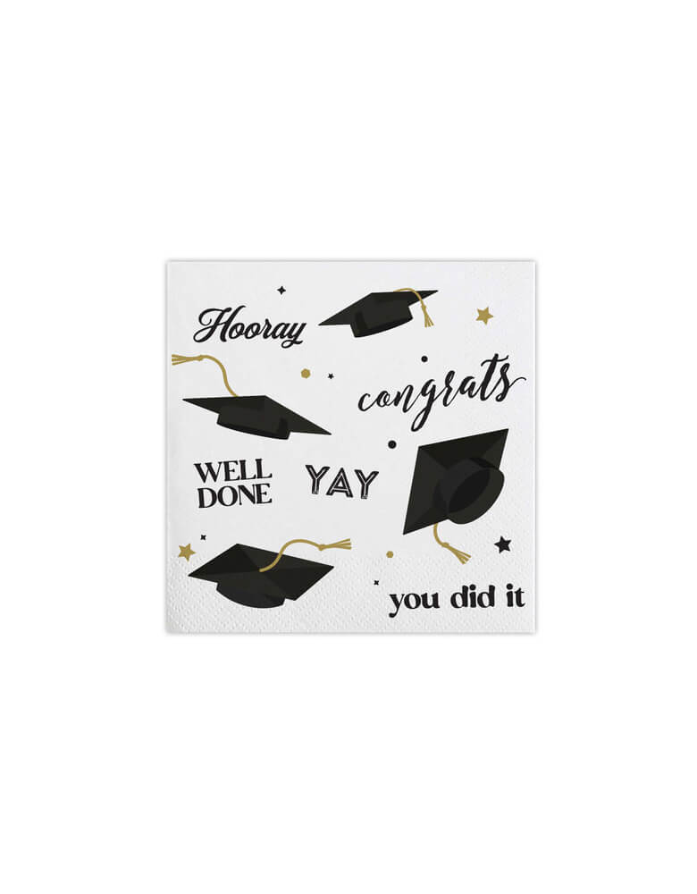 Momo Party's - Graduation Multi Beverage Napkins by Slant. Each pack has 20 napkins, featuring a stylish graduation cap and a hearty, "Hooray!" Now that's a graduation party!