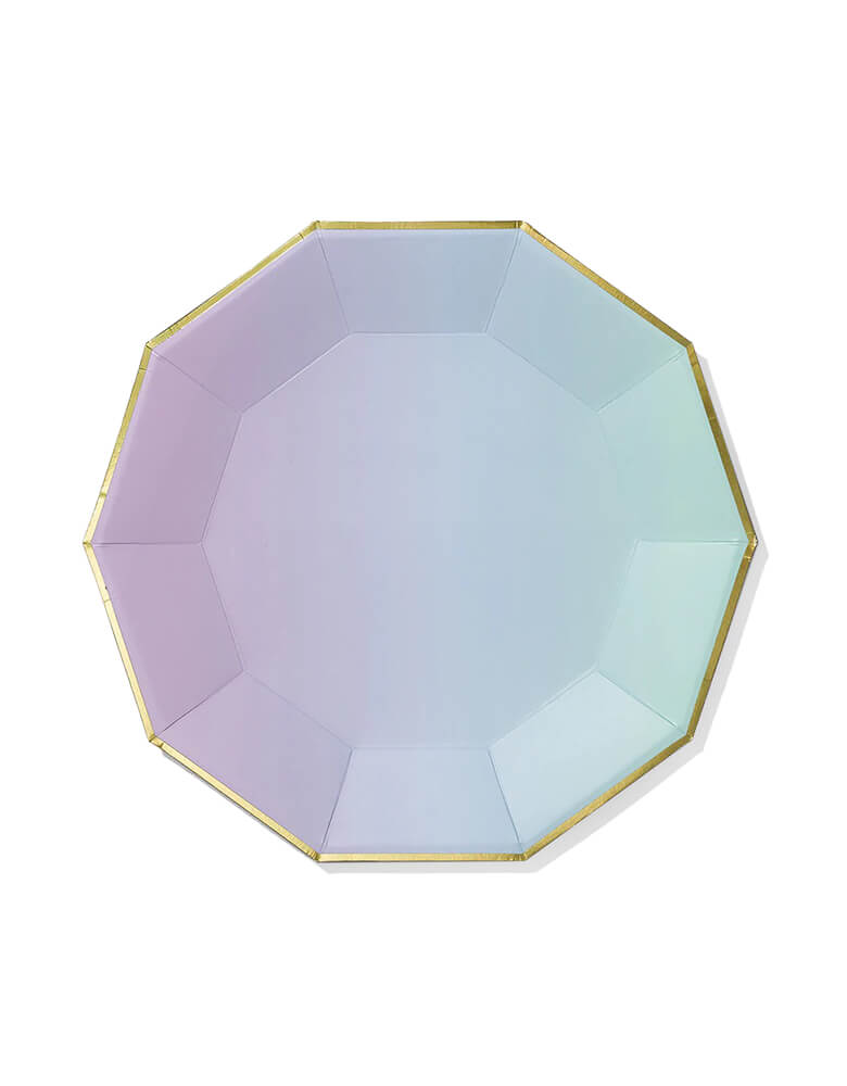 Momo Party's Yes-Way-9.25" Ombre-Large-Plates by Coterie, with a purple to green gradient ombre color, this is a great party paper plates for for a unicorn or mermaid or any dreamy themed birthday party!