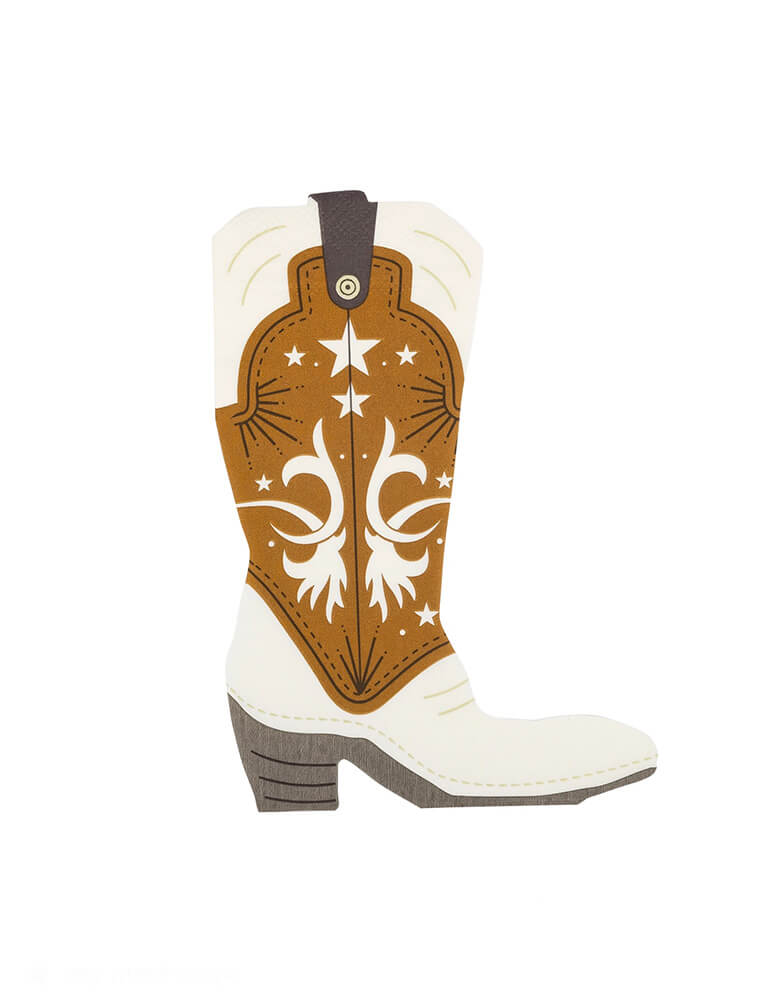 Momo Party's 5" x 7" Cowboy Boot Shaped Guest Napkins by My Mind's Eye. Perfect for Wild West themed parties, or a "First Rodeo" kid's first birthday party, this quirky and playful napkin adds a touch of whimsy to any event. Made with high quality materials, it's durable and practical, making it a must-have for any cowboy or cowgirl.