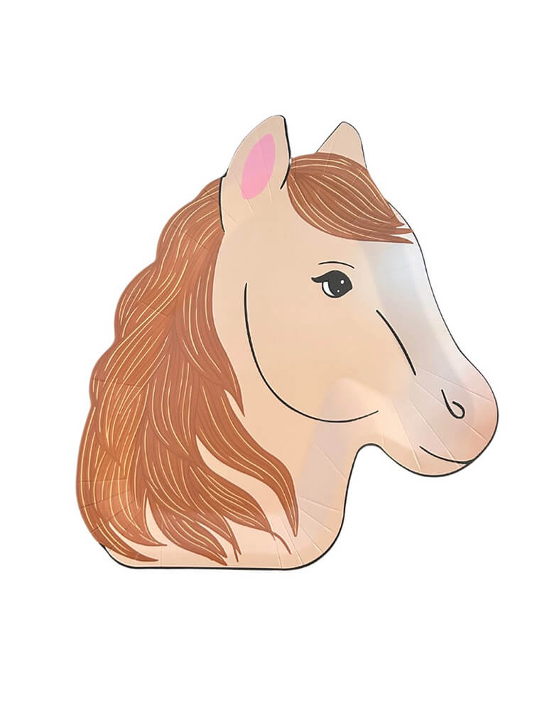 Momo Party's 9" x 11" Pony Tales Pony Shaped Dinner Plates by Daydream Society. These dinner plates have the silhouette of a pony, and feature shades of brown with black detailing. Round up your cowgirl pals and get ready for the main event!