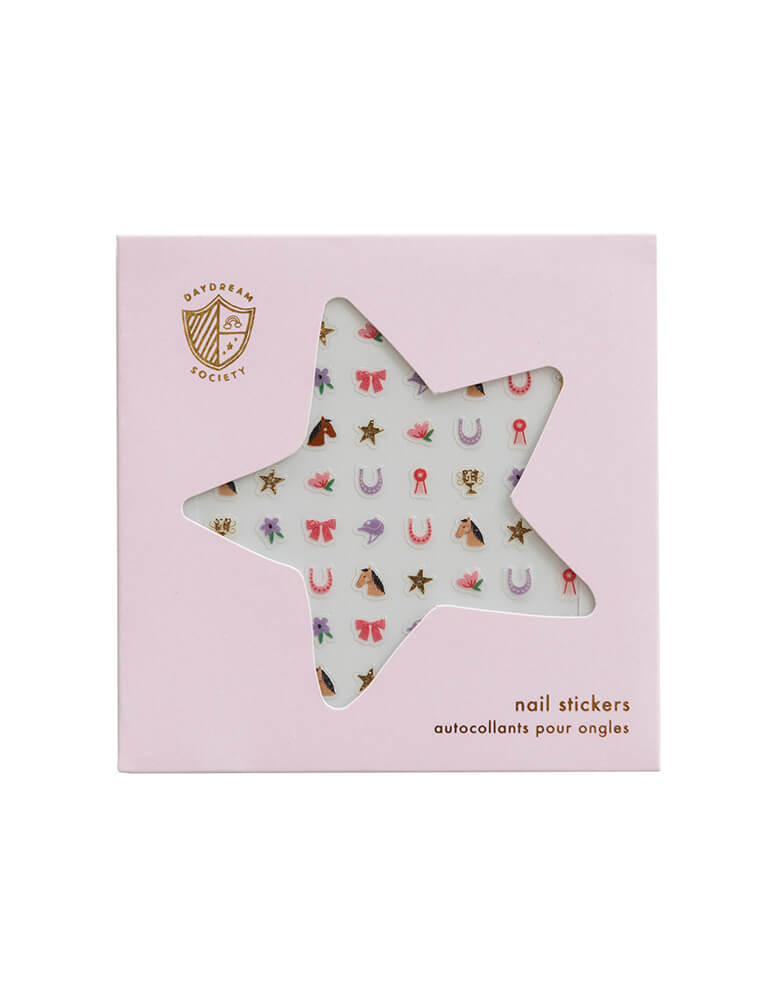 Momo Party's Pony Tales Cowgirl Nail Stickers by Daydream Society. Comes in a sheet of 100 nail stickers, with designs of horses, show ribbons, florals and more. Featuring the prettiest shades of pink and purple highlighted with touches of gold foil. Ya'll these nail stickers make the perfect party favor every cowgirl at the party.