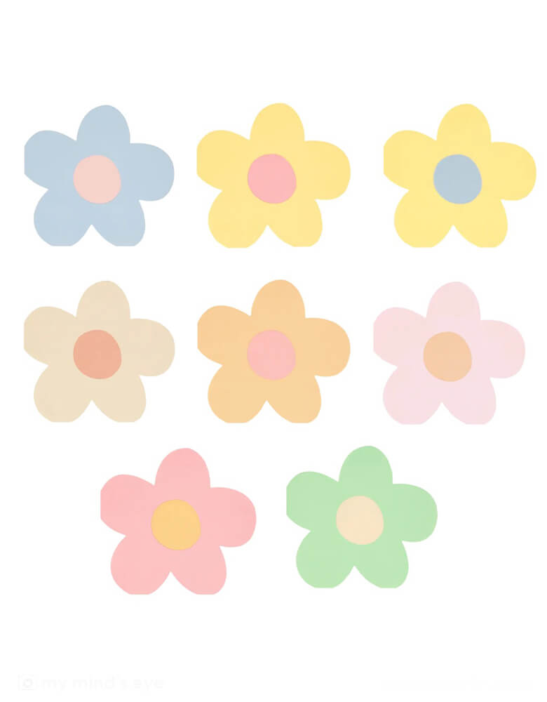 Momo Party's 6.5" x 6" daisy shaped napkins by Meri Meri. Comes in a set of 16 napkins in 8 colors: pink, pale pink, peach, yellow, mint, ivory and blue mixed with co-ordinating colored centers, these 90s-inspired daisy napkins will add instant joy to any party. They're ideal for picnics, garden parties or anywhere you want a perfectly pastel color theme.
