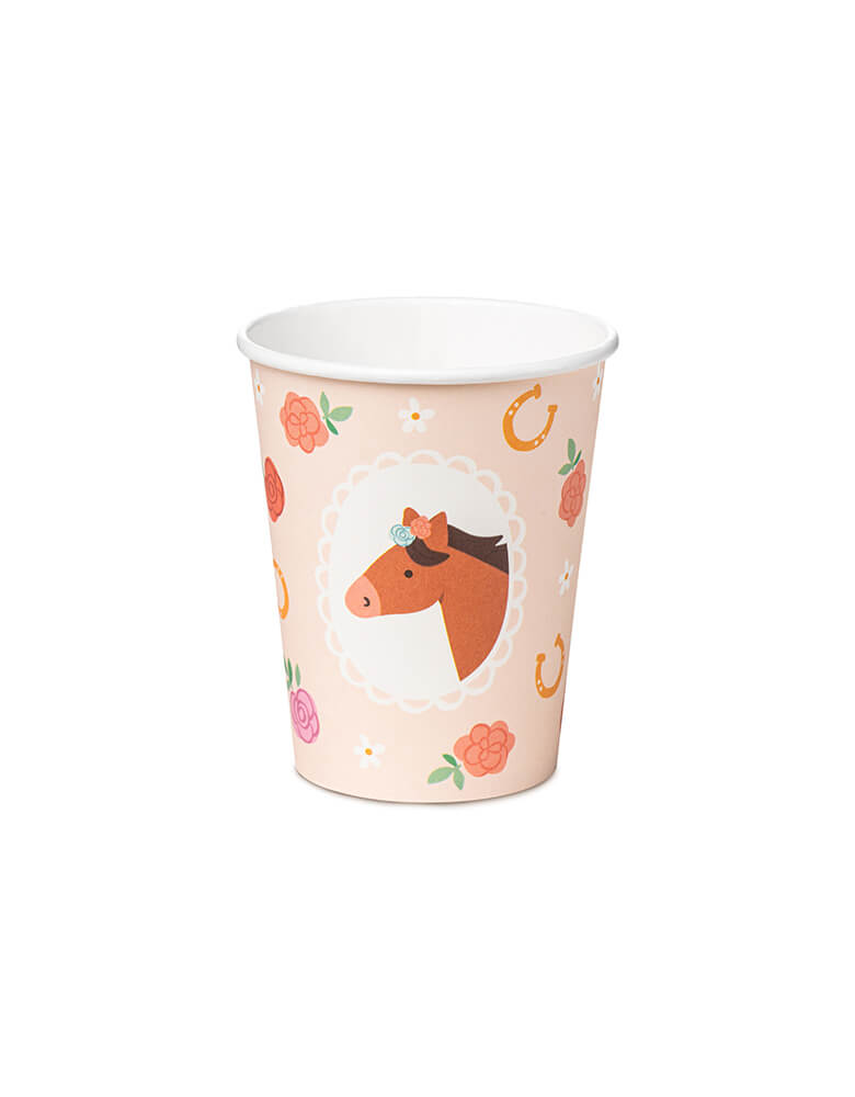 Momo Party's 7.4 oz capacity floral pony party cup by Party Deco. This set of 6 features charming floral ponies in adorable pink hues. Perfect for adding a playful touch to a pony or horse themed party!
