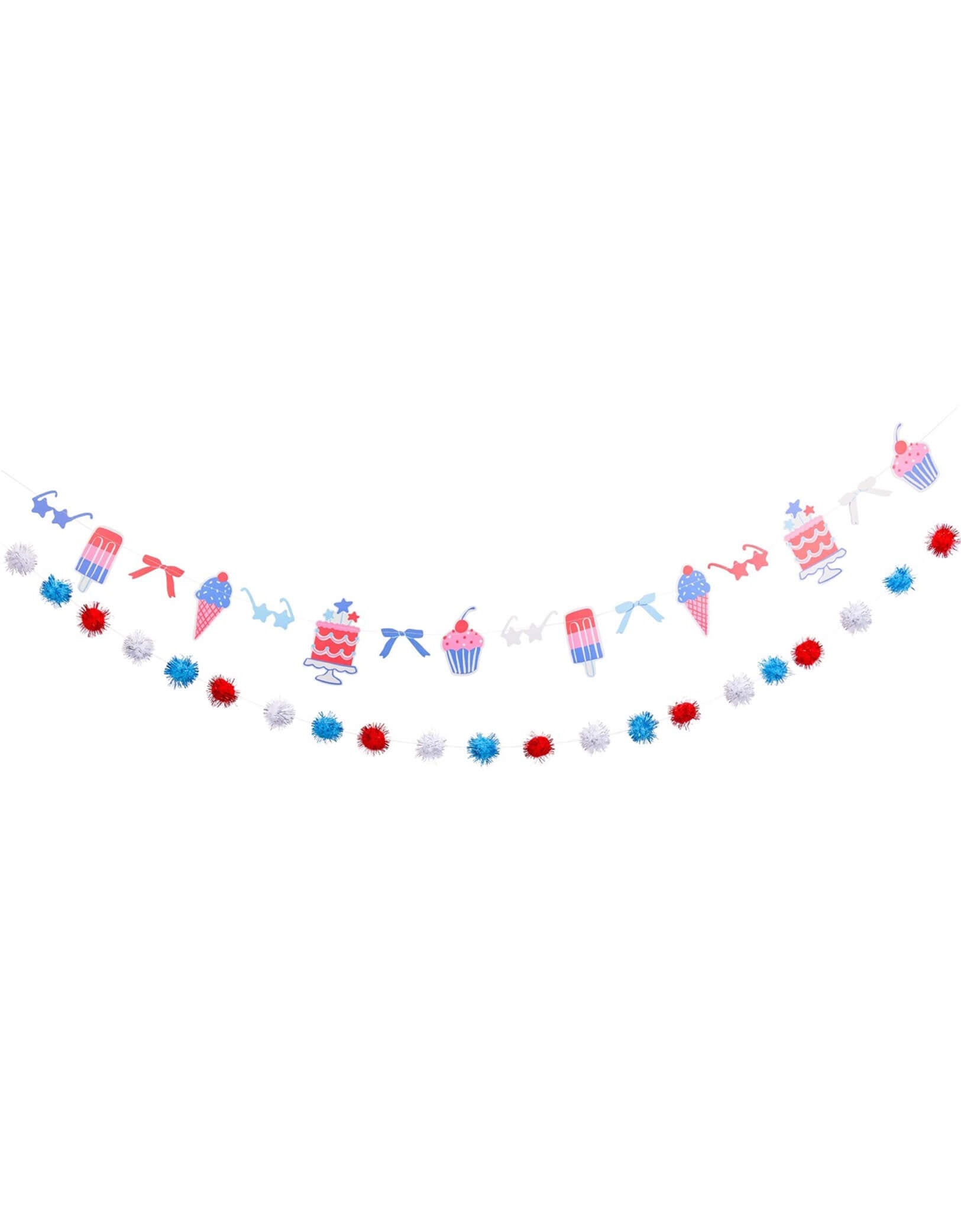 Momo Party's 6' Summertime Banner Set by My Mind's Eye. Celebrate in style with this Summertime Icon Banner Set! Featuring patriotic icons, summer treats, and playful pom poms, this banner will add a festive touch to any party or gathering. Get ready to have some fun in the sun at your Fourth of July party with this must-have decoration!