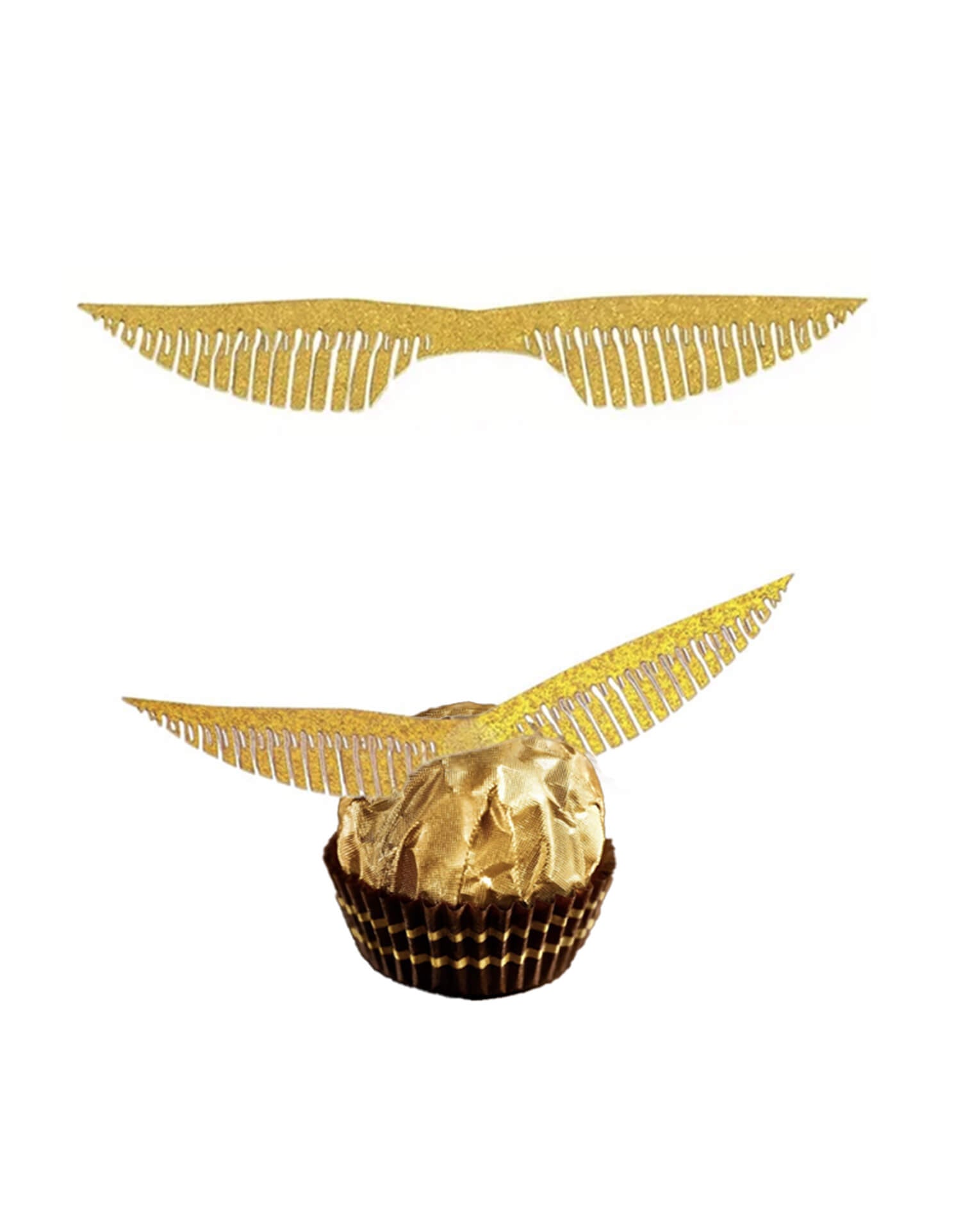 Momo Party's Golden Snitch Wings Decoration Kit. The golden wings are made of bronzing paper and hollowed-out wings make it come to life, very cute and beautiful, the length is 12cm/4.72 in and the width is 1.9cm/0.75 in. You can attach them to chocolates easily and quickly and saving you a lot of time. The HP birthday party decorations are recommended for your daughter and son’s hp themed birthday party, he or she will be excited to see candy with the golden snitches