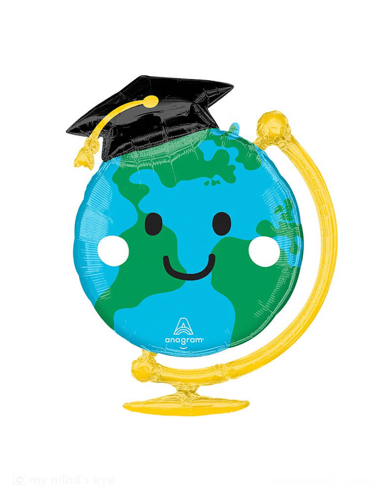 Momo Party's 29" Graduation Fun Globe Foil Mylar Balloon by Anagram Balloons. With a cute illustration, it's perfect for a preschool or kindergarten graduation celebration for your kids. This balloon includes a self-sealing valve, preventing the gas from escaping after it's inflated. The balloon can be inflated with helium to float or with a balloon air inflator.