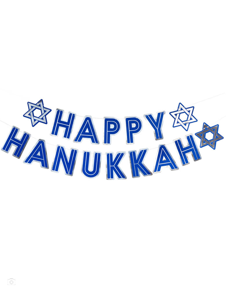 My Mind's Eye Happy Hanukkah Banner sold by Momopartys , featuring the message "Happy Hanukkah" in festive silver foil and rich blue, it's perfect to dress up a mantel or tablescape for your Hanukkah celebrations.