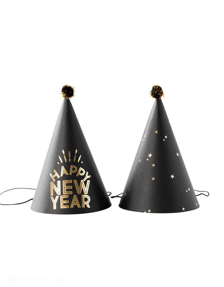 Momo Party's 6.5" Happy New Year party hats by My Mind's Eye. Comes in a set of 8 party hats, these black party hats with shimmering gold stars in the back and "happy new year" in the front are perfect for your new year's eve countdown celebration.