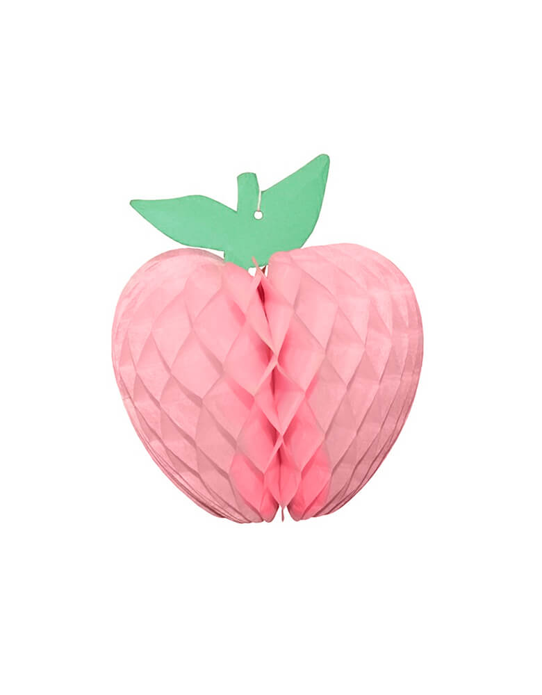 Momo Party's 7" Honeycomb Pink Apple Decorations from Devra Party. Made from premium honeycomb tissue paper, each piece comes with its own hanging string. Hang it from the ceiling, along a wall or as a centerpiece for your table! Fun decoration for Back to school party