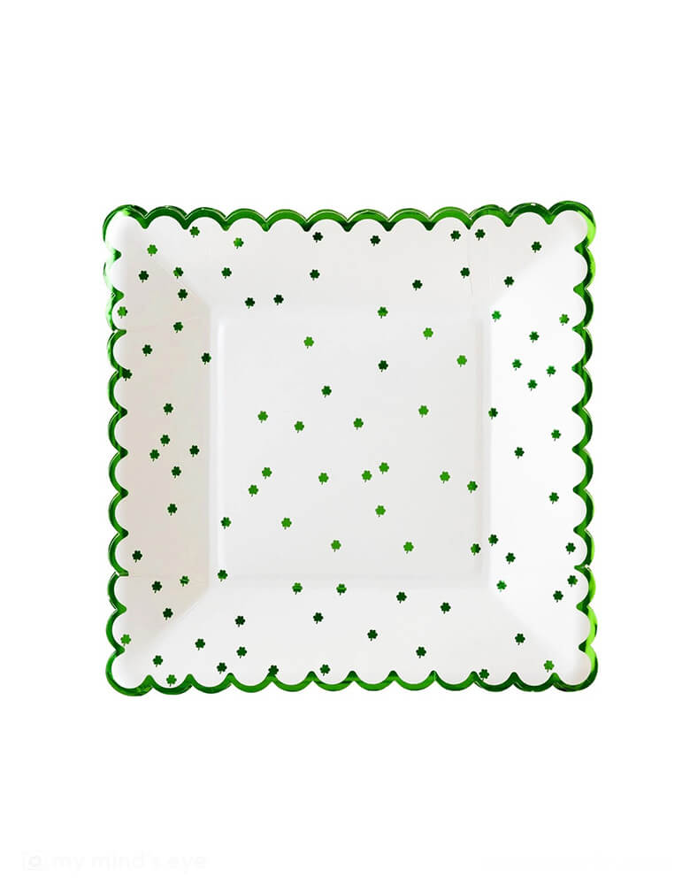 Momo Party's 8" x 8" Little Shamrocks Paper Plates by My Mind's Eye. Comes in a set of 8 plates, these green foil scallop edged plates with little shamrock pattern on them are perfect for a festive and stylish St. Patrick's Day party celebration.