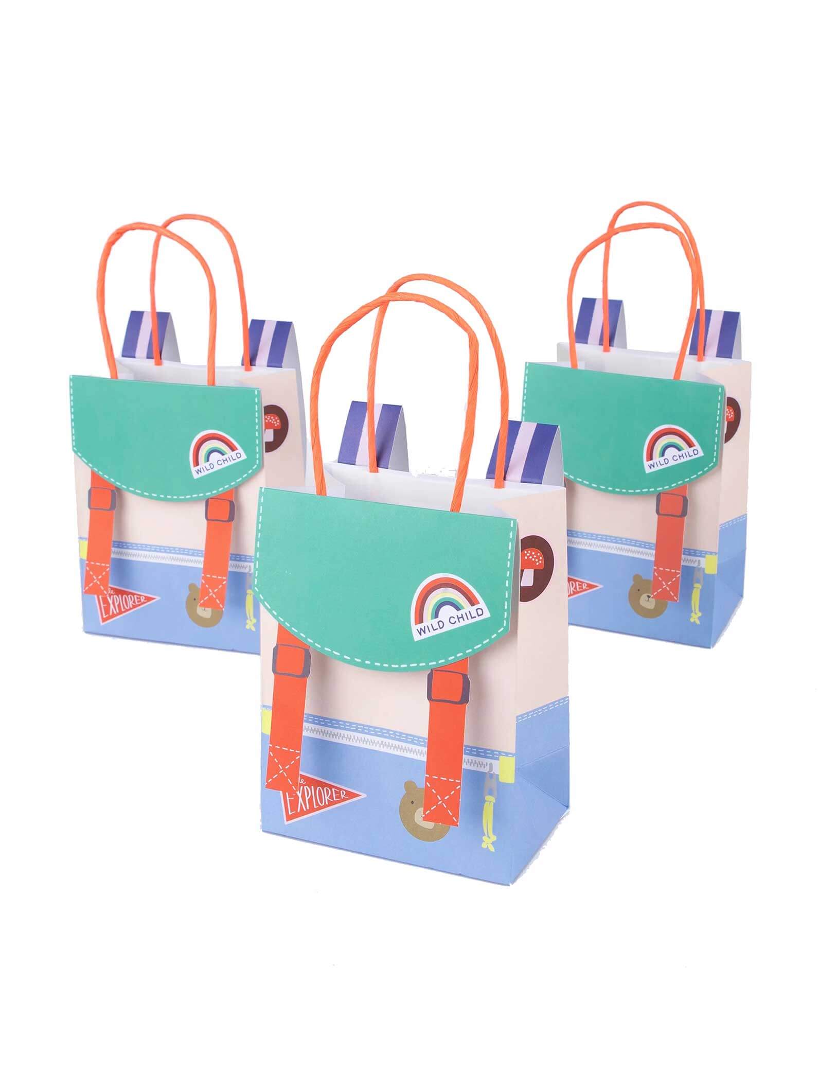 Momo Party's 5 x 6.5 x 3 inches Camping Adventure Backpack Party Bags by Meri Meri. Comes in a set of 8 paper bags in the shape of camping backpack, These adorable camping adventure backpack party bags are the perfect choice for your kid's camping themed birthday party. After a day of yummy snacks and exploring the wild woods, send your little adventurers home with a special bag featuring retro summer-camp designs and cool backpack straps.
