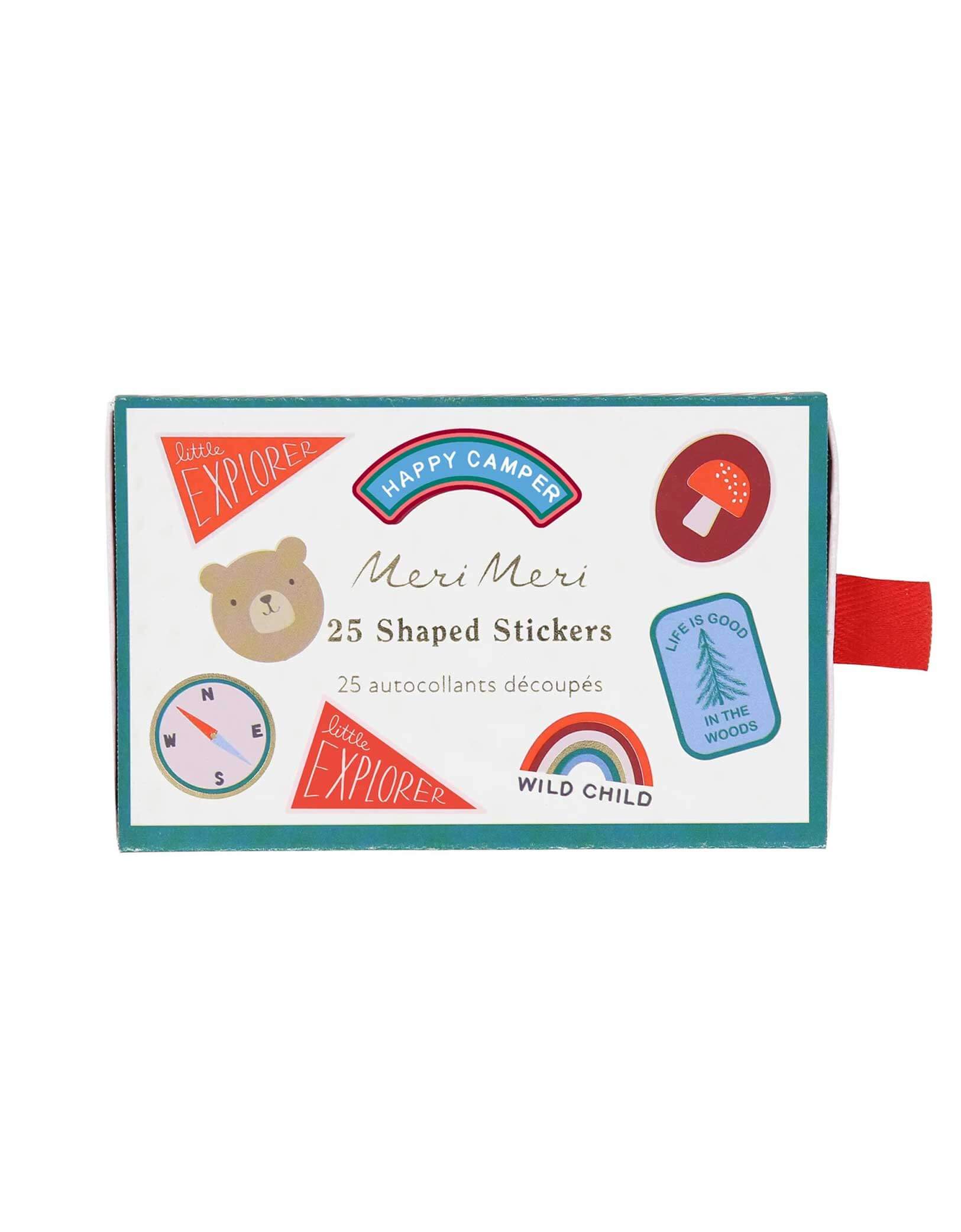 Momo Party's Outdoor Adventures Shaped Stickers by Meri Meri. Comes in a set of 25 stickers with 20 designs that are inspired by camping activities including compass, camping van, acorn, paddles, bear, natural park patches and more, these special camping themed shaped stickers, with fun retro summer-camp inspired icons are perfect for kid's craft activities, or pop into party bags for hours of imaginative play!