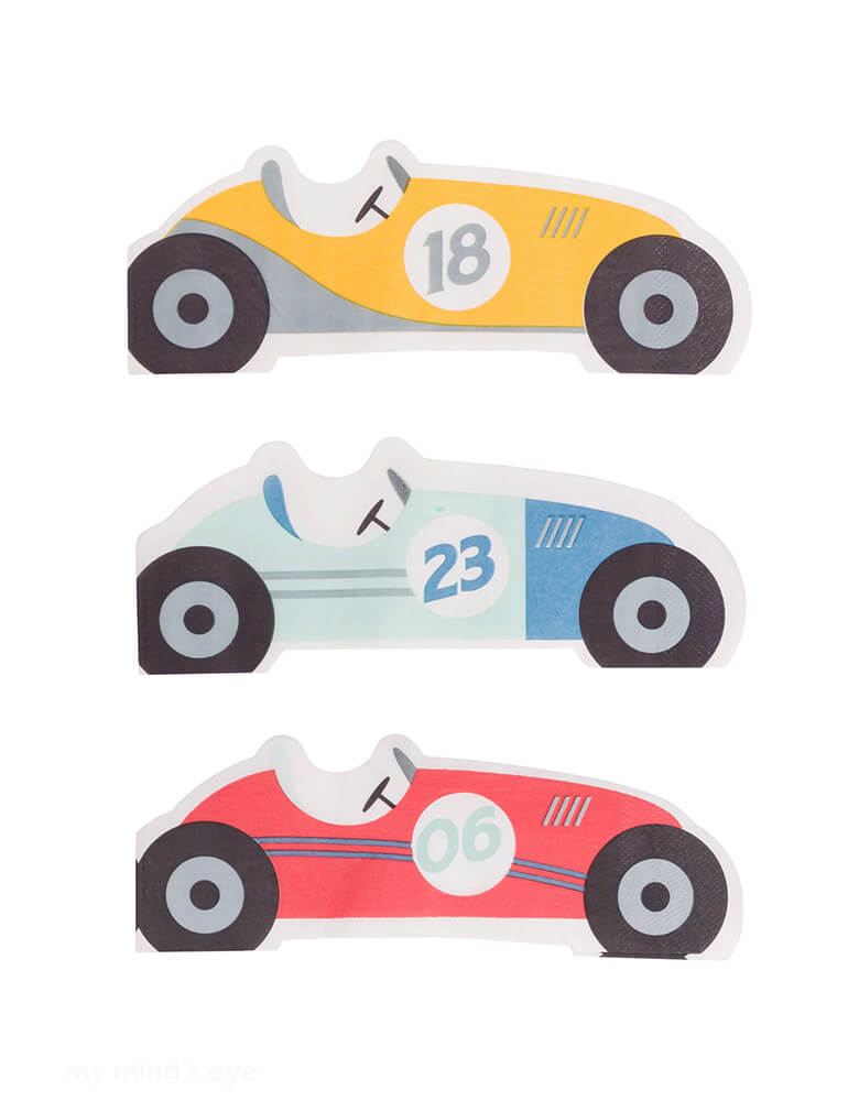 Momo Party's Miles per Hour 2.75" x 7.75" Race Car Napkin Set by My Mind's Eye. Comes in set of 24 napkins in 3 different colors of yellow, blue and red.