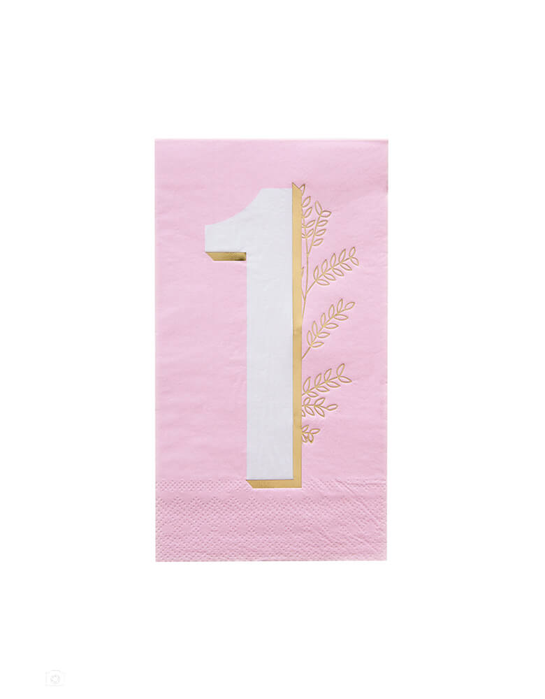 Momo Party's Milestone Pink Onederland Guest Napkins by Jollity & co. These beautifully pink Onederland guest napkins featuring a numner one with leaves design in gold foil print, these are perfect for celebrating your baby girl's first birthday.