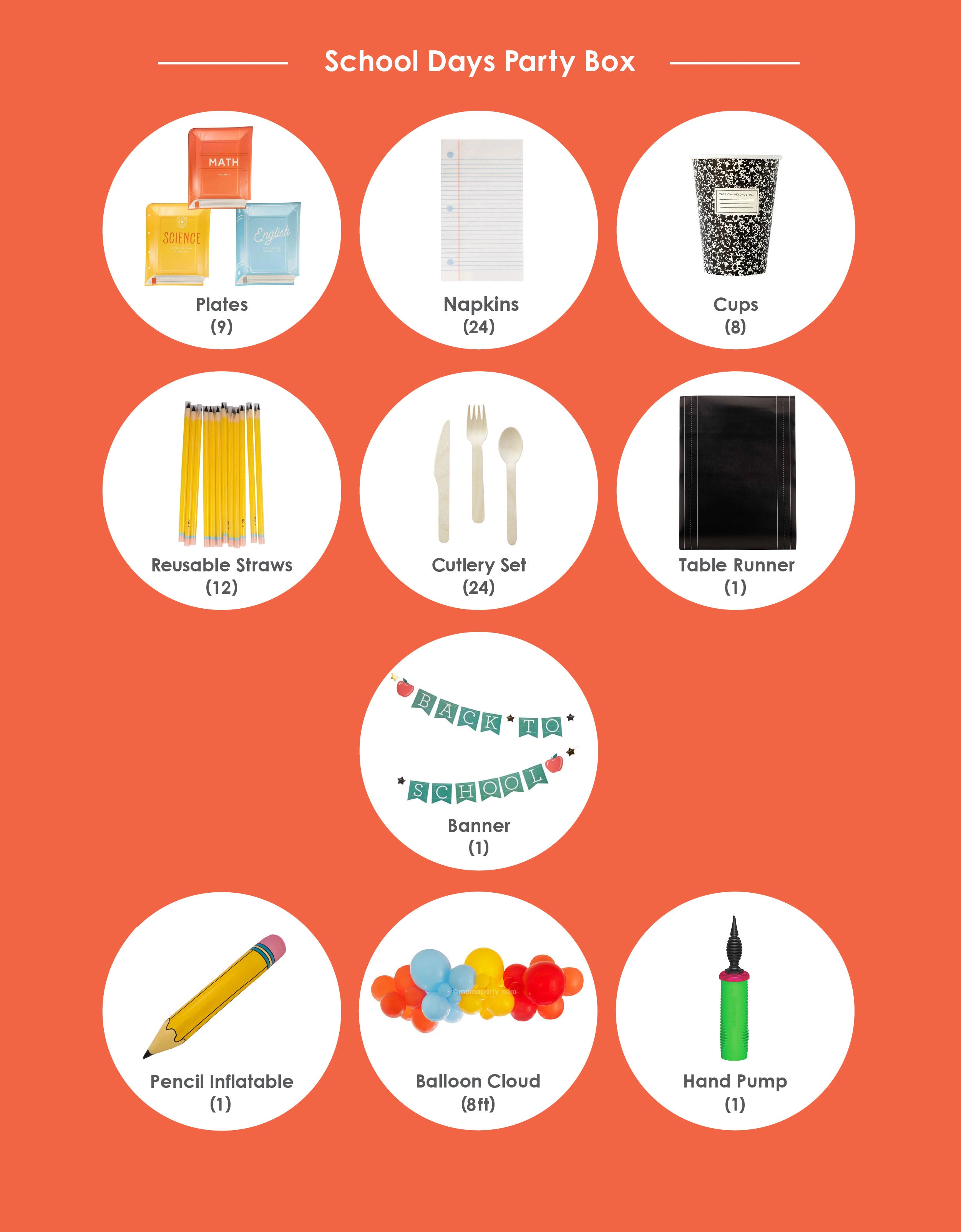 Product items for Momopartys's School Days Party Box, featuring multiple school themed party goods including the back to school apple party banner, a festive balloon garland, a pencil inflatable, text book shaped plates, notebook shaped napkins, composition notebook party cups, pencil straws, chalkboard table runner and back to school party banner. This party box is perfect for your child's first day of school celebration.