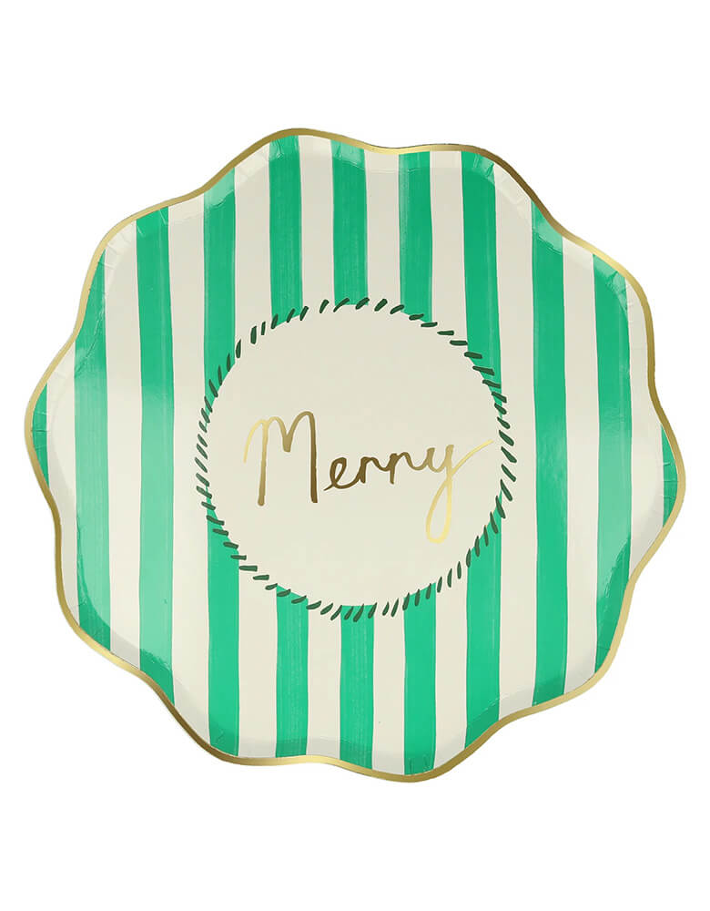 Momo Party's 10.25 x 10.25 inches Christmas striped dinner plates by Meri Meri. Come in a set of 8 in 4 different colors of red, pink, mint, and green with Jingle, Fa La LA, Merry, and Jolly words on them, these vintage inspired designs with gold foil details, with fun messages, will instantly add style to your celebrations over the holidays.