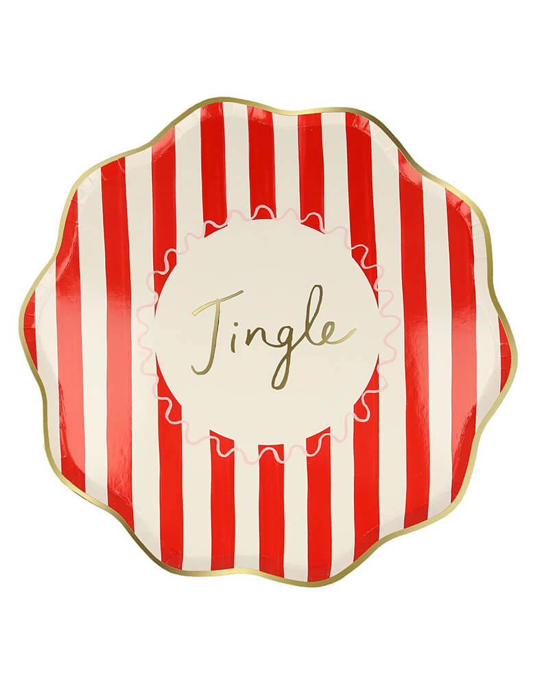 Momo Party's 10.25 x 10.25 inches Christmas striped dinner plates by Meri Meri. Come in a set of 8 in 4 different colors of red, pink, mint, and green with Jingle, Fa La LA, Merry, and Jolly words on them, these vintage inspired designs with gold foil details, with fun messages, will instantly add style to your celebrations over the holidays.