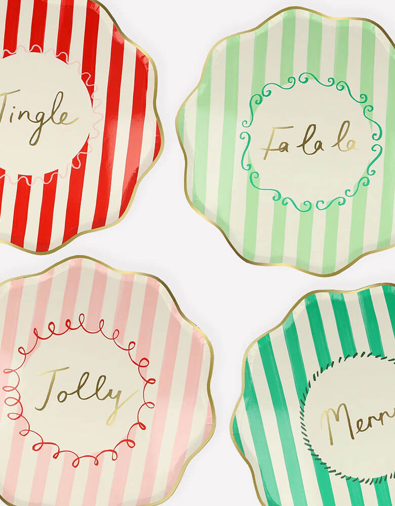 Momo Party's 10.25 x 10.25 inches Christmas striped dinner plates by Meri Meri. Come in a set of 8 in 4 different colors of red, pink, mint, and green with Jingle, Fa La LA, Merry, and Jolly words on them, these vintage inspired designs with gold foil details, with fun messages, will instantly add style to your celebrations over the holidays.