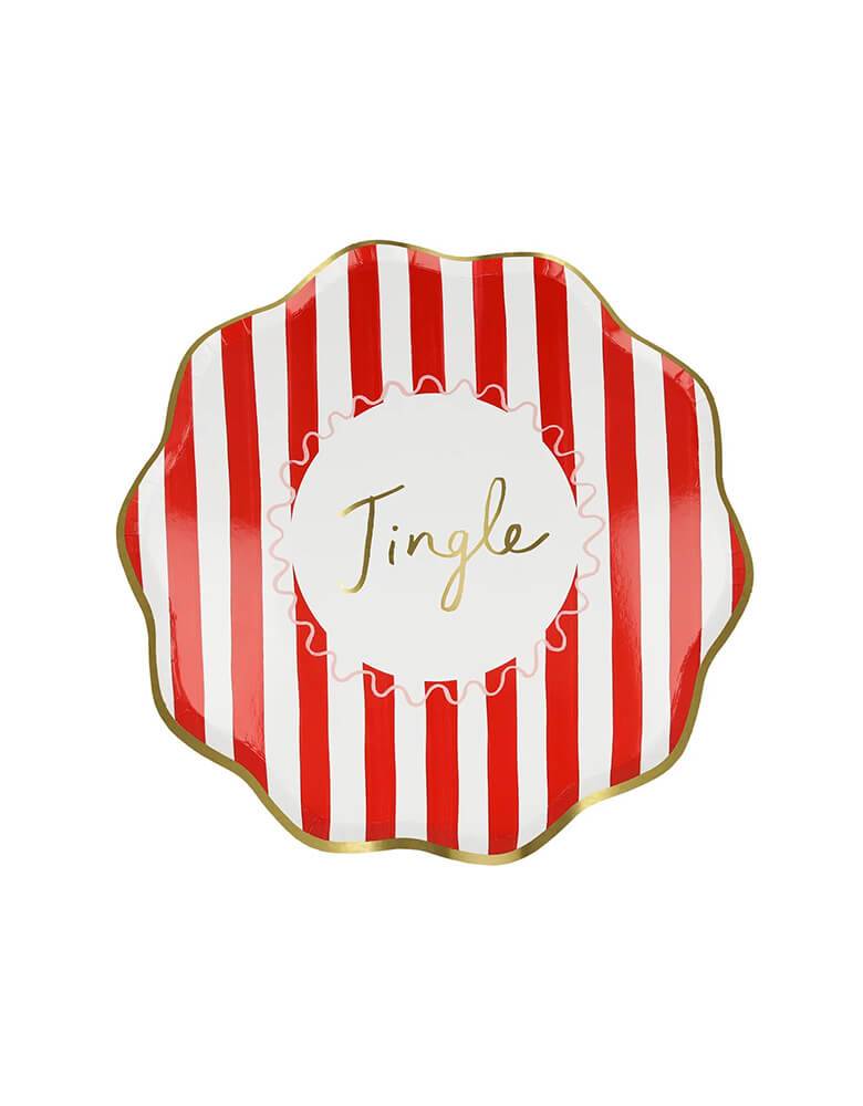 Momo Party's 8.5 x 8.5 inches Christmas striped side plates by Meri Meri. Come in a set of 8 in 4 different colors of red, pink, mint, and green with Jingle, Fa La LA, Merry, and Jolly words on them, these vintage inspired designs with gold foil details, with fun messages, will instantly add style to your celebrations over the holidays.