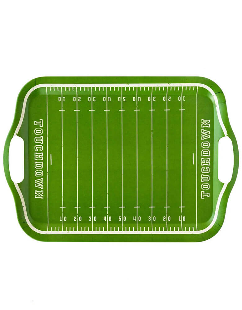 Momo Party's 16.5" x 11.5" Football Field Bamboo Reusable Tray by My Mind's Eye. Featuring a football field design, this reusable party tray is sure delight your guests while serving up fan favorite goodies like wings and hot dogs. Or show team spirit with side line snack served on this unique party tray!