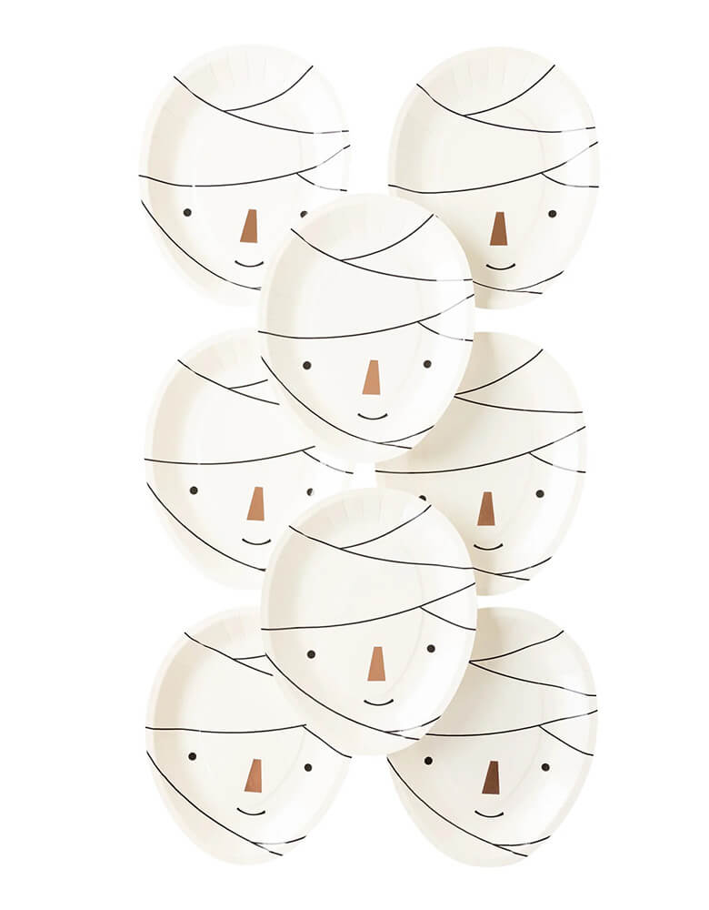 Set of 8 Momopartys's 8 x 10" Frank & Mummy Mummy Shaped Paper Plates by My Mind's Eye. Shaped to resemble a frightfully friendly mummy these party plates add a whimsical touch to kid friendly Halloween parties or even late night terrifying movie night with the ghouls!