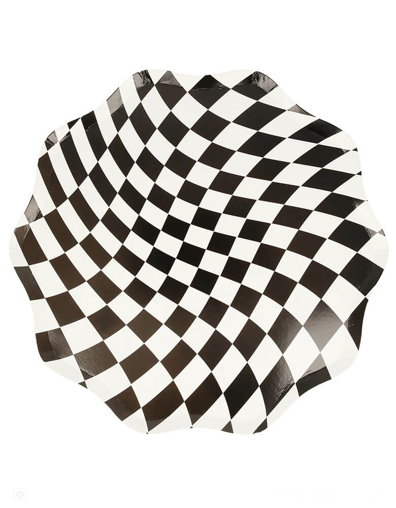 Momo Party's 10.5" Halloween Checkered Dinner Plates by Meri Meri. Comes in a set of 8 plates in three colors - the combination of orange, white and pink, with a swirling checkered pattern, gives a fabulous 60s psychedelic vibe. They're perfect for parties for all ages, and can be mixed and matched with your other Halloween tableware.
