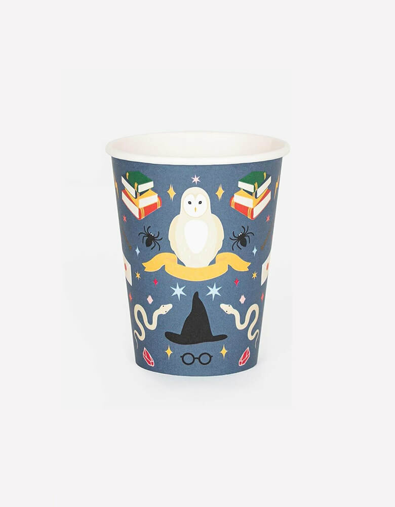 Momopartys 9 oz wizard themed party cups by My Little Day. Comes in a set of 5 paper party cups, featuring wizard elements like snakes, wizard hat, glasses, owls, and spell books, these cups are perfect for a Harry Potter themed wizard party.
