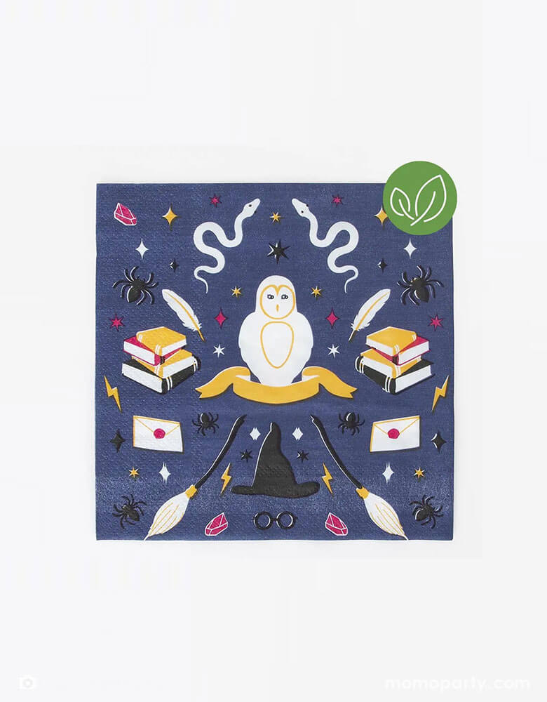 Momopartys 6.5" Harry Potter Themed Wizard Large Party Napkins. Comes in a set of 20, these napkins feature Harry Potter themed illustrations like snakes, owls, spellbooks, brooms, wizard hats & glasses, they're perfect for your kid's Harry Potter themed birthday party or Halloween bash!