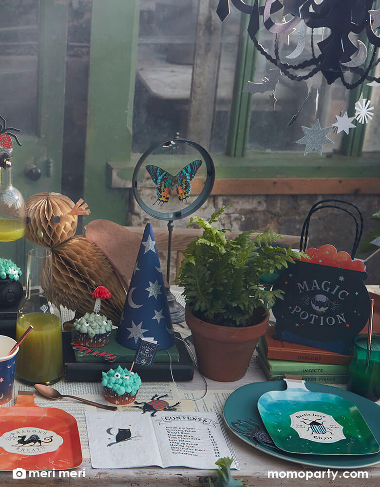 A witch and wizard party table set up featuring Momopartys's making magic party supplies collection by Meri Meri including potion bottle shaped plates, wizard spell book napkins, witch cauldron shaped party bags, owl honeycomb decoration, night ombre napkins and cups with moon and stars on them, and bug confetti scattered on the table, makes it a great inspiration for kid's harry potter themed party or a Halloween witch and wizard themed bash.