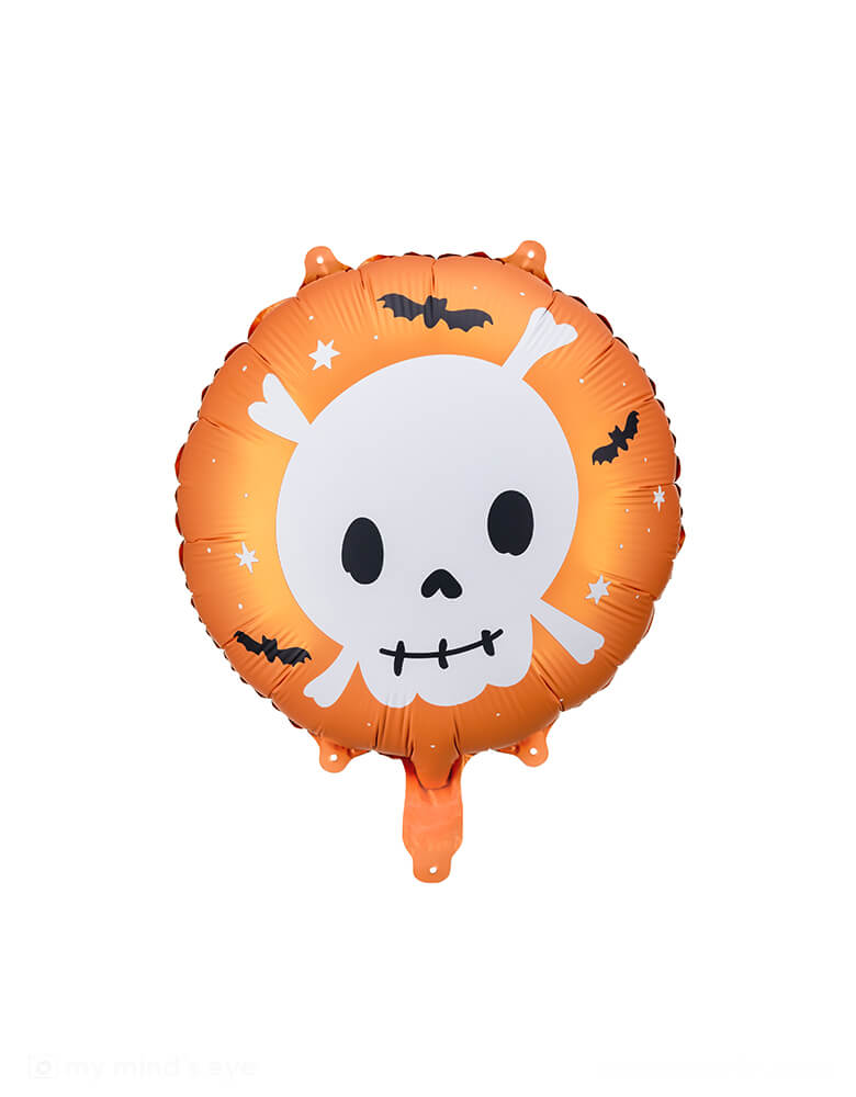 Momo Party's 14" orange round skull foil balloon by Party Deco. A festive orange skull with cute details is the perfect addition to a not-so-spooky kid's Halloween party! This balloon includes a self-sealing valve, preventing the gas from escaping after it's inflated. The balloon can be inflated with helium to float or with a balloon air inflator.