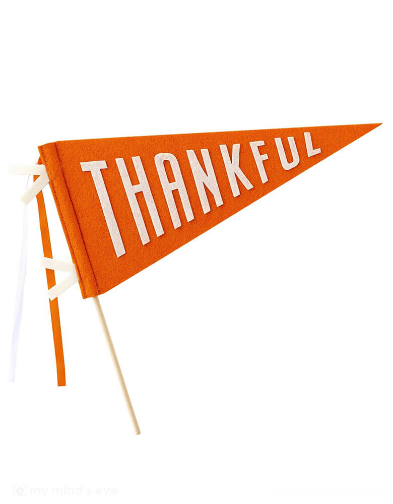 Momo Party's 14" Orange Thankful Felt Party Pennant by My Mind's Eye. This pennant banner is perfect to create a festive and modern centerpiece that is sure to delight your guests.