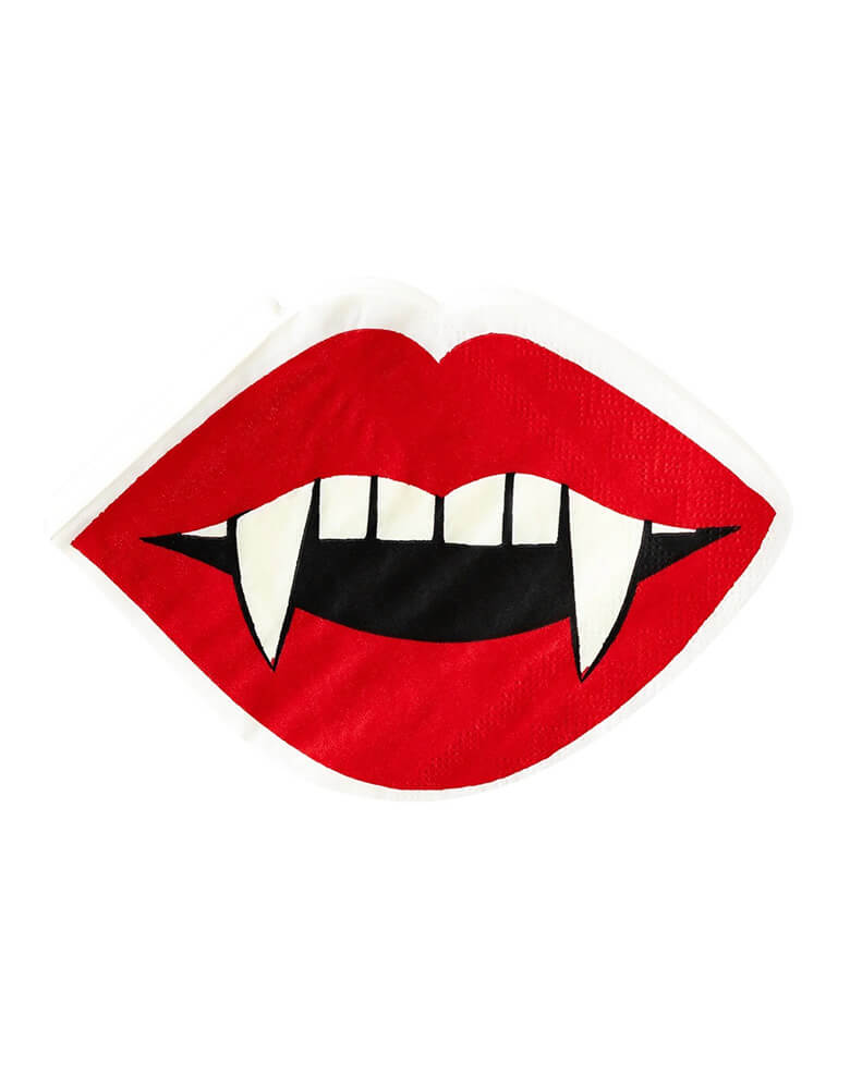 Momo Party's 4.25 x 6 inches Vampire Lips Shaped Paper Dinner Napkins by My Mind's Eye. Perfect for adding a spooky touch to any Halloween festivities, these mysterious mouth-shaped napkins are sure to make your friends and family go 'vampire-crazy'!