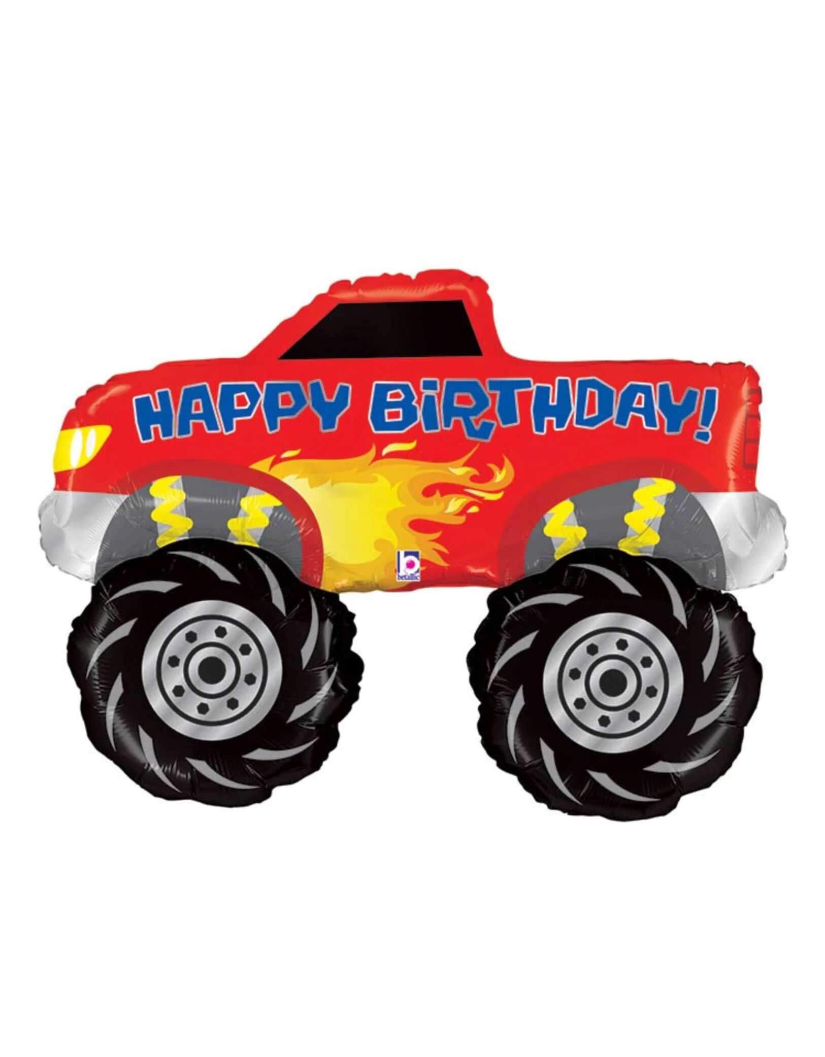 Momo Party's 40" Monster Truck Foil Balloon by Betallic Balloons. This Red Monster Truck foil balloon featuring Big Wheels with Happy birthday text on the body, prefect for a monster truck themed birthday party, Racing Party, car themed birthday party, birthday party ideas for boy