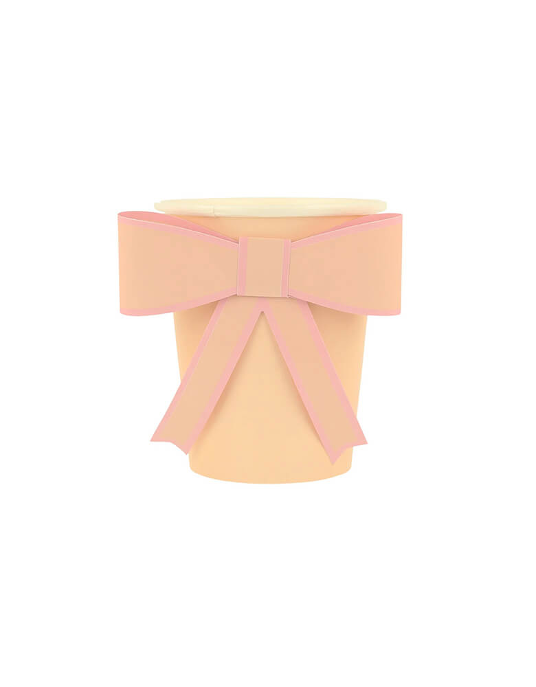 Momopartys's 9oz Pastel Bow Cups in 8 colors by Meri Meir. Pack of 8 3D pale pink, pink, dark pink, ivory, yellow, peach, mint and blue cups with co-ordinating bows.