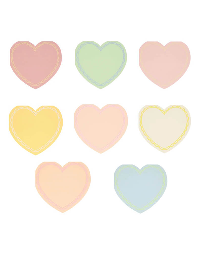 Momo Party's 6.5" x 6" Pastel Heart Large Napkins by Meri Meri. Comes in a set of 16 napkins in 8 colors: pale pink, pink, dark pink, ivory, yellow, peach, mint and blue, the ice cream pastel palette of these stylish heart shaped napkins will make your party table look so stylish. They're perfect for Valentine's, Galentine's, an engagement party or a special meal with loved ones.