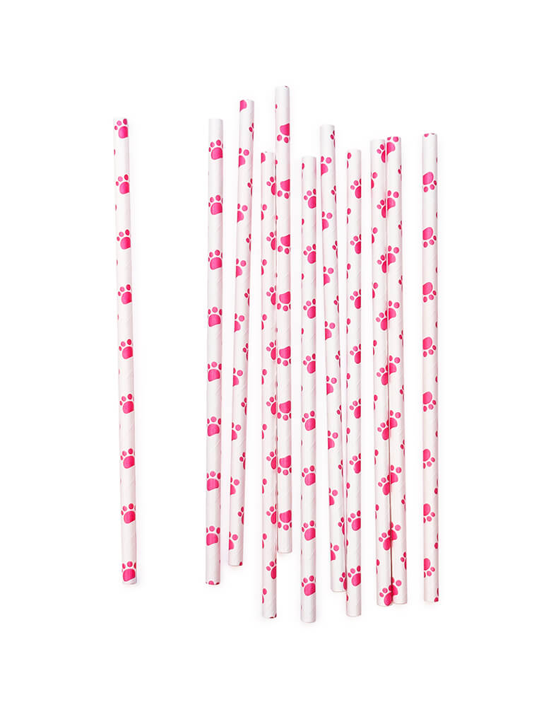 Momo Party's Pink Paw Print Party Straws, set of 25. These eco-friendly straws feature adorable pink paw prints, perfect for a cat or dog themed celebration or even a kid's Paw Patrol themed birthday party!