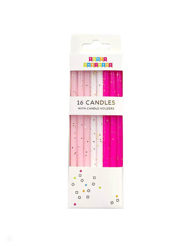 Momo Party's Pink Tones Gold Glitter Candle Set by Party Partners. This enchanting set features candles in light pink, hot pink, and white adorned with a touch of gold glitter. Complete with candle holders for seamless placement, these whimsical candles add a magical touch to any event. Ideal for Barbie themed party, princess party or girly celebrations of any kind, these candles bring a touch of elegance and charm.