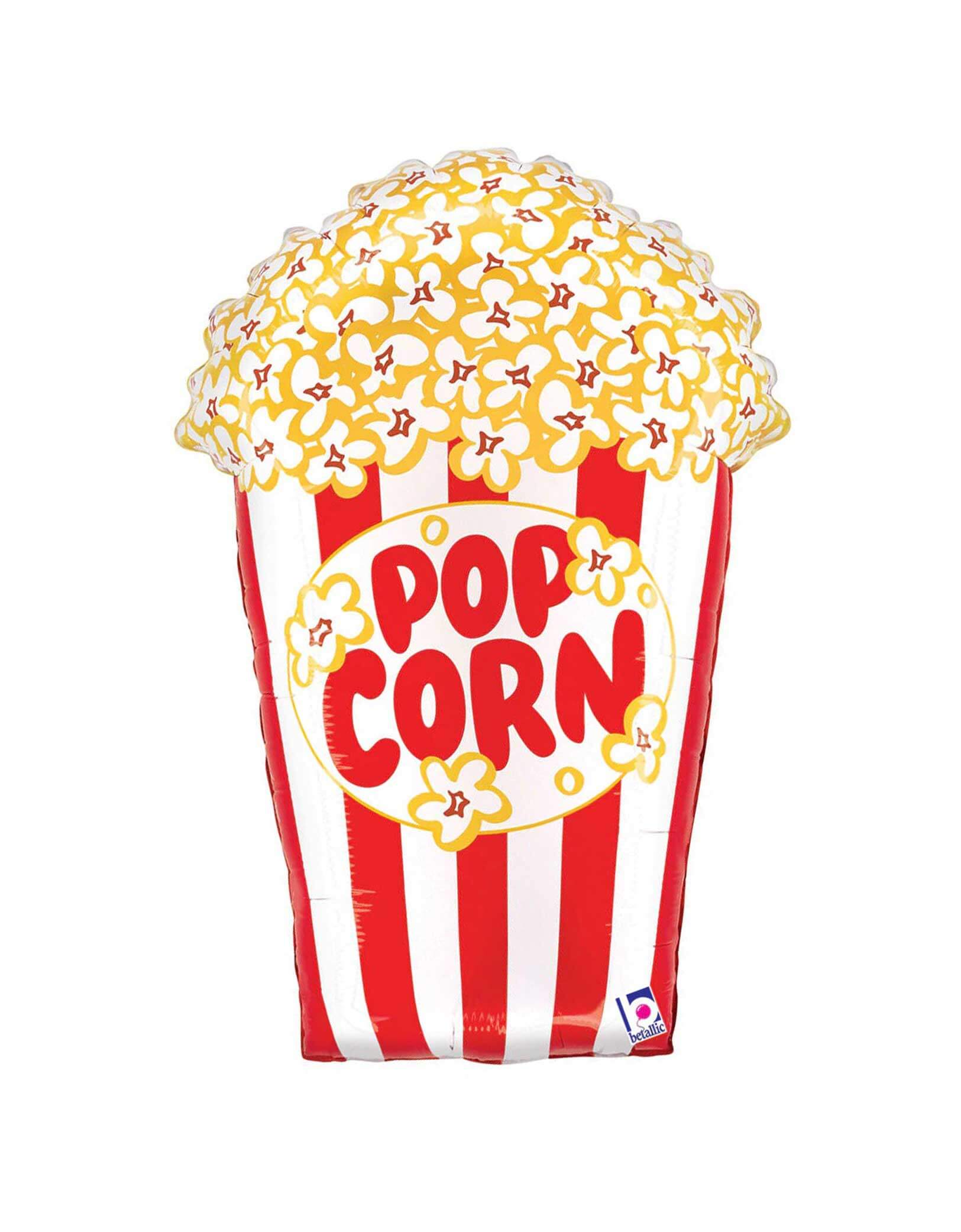 Momo Party's 30" Popcorn Box Shaped Foil Balloon by Betallic Balloons. This jumbo foil balloon shaped like a popcorn box is a fun addition to any kid’s carnival, circus, or Hollywood movie party. It features a self-sealing valve that keeps the air or helium inside, so it stays full longer. Inflate it with helium to watch it float or use an air pump to keep it grounded and festive!
