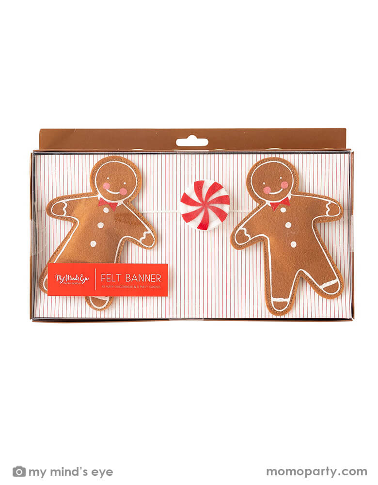 My mind's Eye's Puffy Felt Gingerbread and Candy Banner in its package, Sold by momopartys.shop This adorable Puffy Felt Gingerbread & Candy Banner, with its whimsical gingerbread man and candy canes. this is a simple gingerbread house building or cookie decorating party!